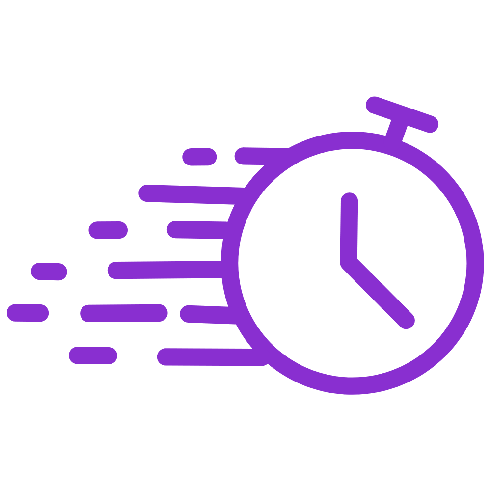 Illustration of a purple clock with motion lines indicating speed or urgency.
