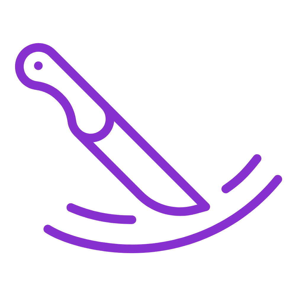 Line art illustration of a knife with motion lines—representing scratch-resistant surfaces such as quartz countertops and durable flooring materials.