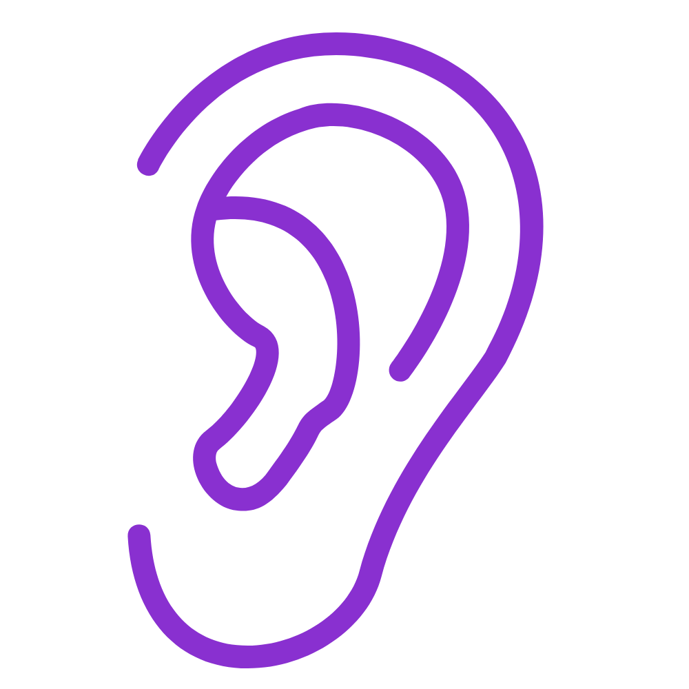 Line art illustration of an ear—symbolizing the sound-reducing layers and noise-dampening benefits of certain flooring materials like luxury vinyl and engineered hardwood."