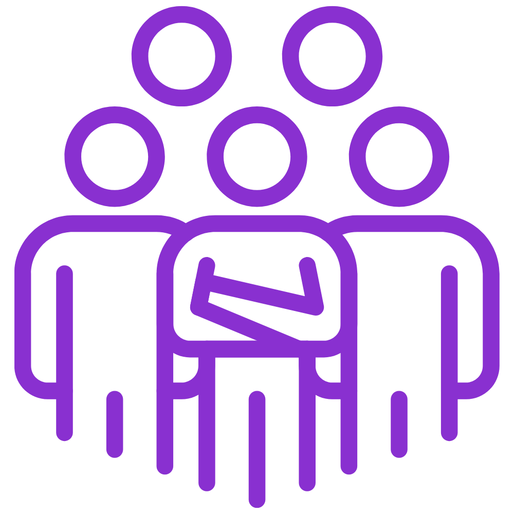 A purple line drawing icon showing a group of people