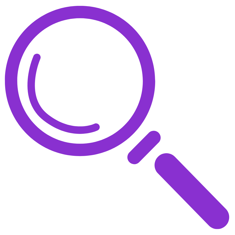 A purple line drawing of a magnifying glass with a slight light highlight
