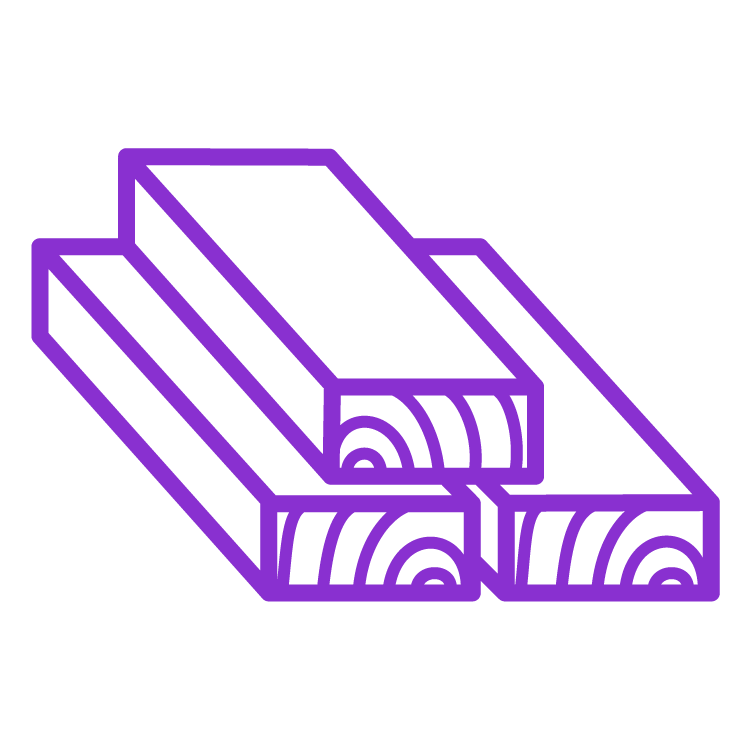 Purple icon illustration of three stacked wood planks with visible end grain detail, representing lumber or building materials.