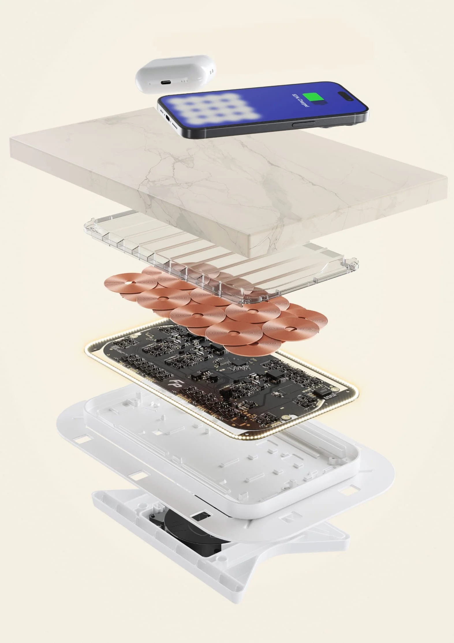 Exploded view of a smartphone showing internal components and how a Jacksonville wireless charging countertop works with your phone.