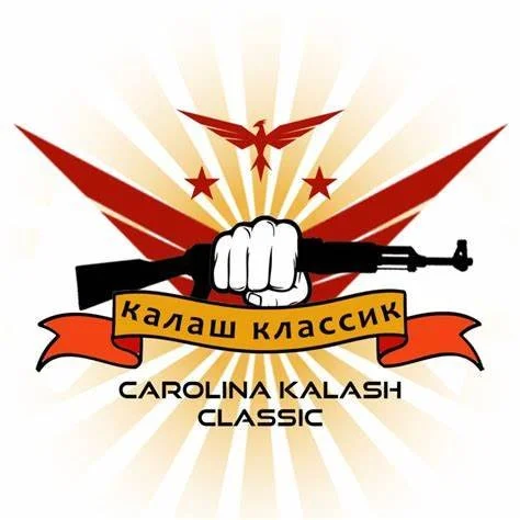 A graphic design featuring a clenched fist holding a rifle, with a red eagle at the top, red stars, and radiating lines in the background. Text in Russian and English reads "Калаш Классик" and "Carolina Kalash Classic."