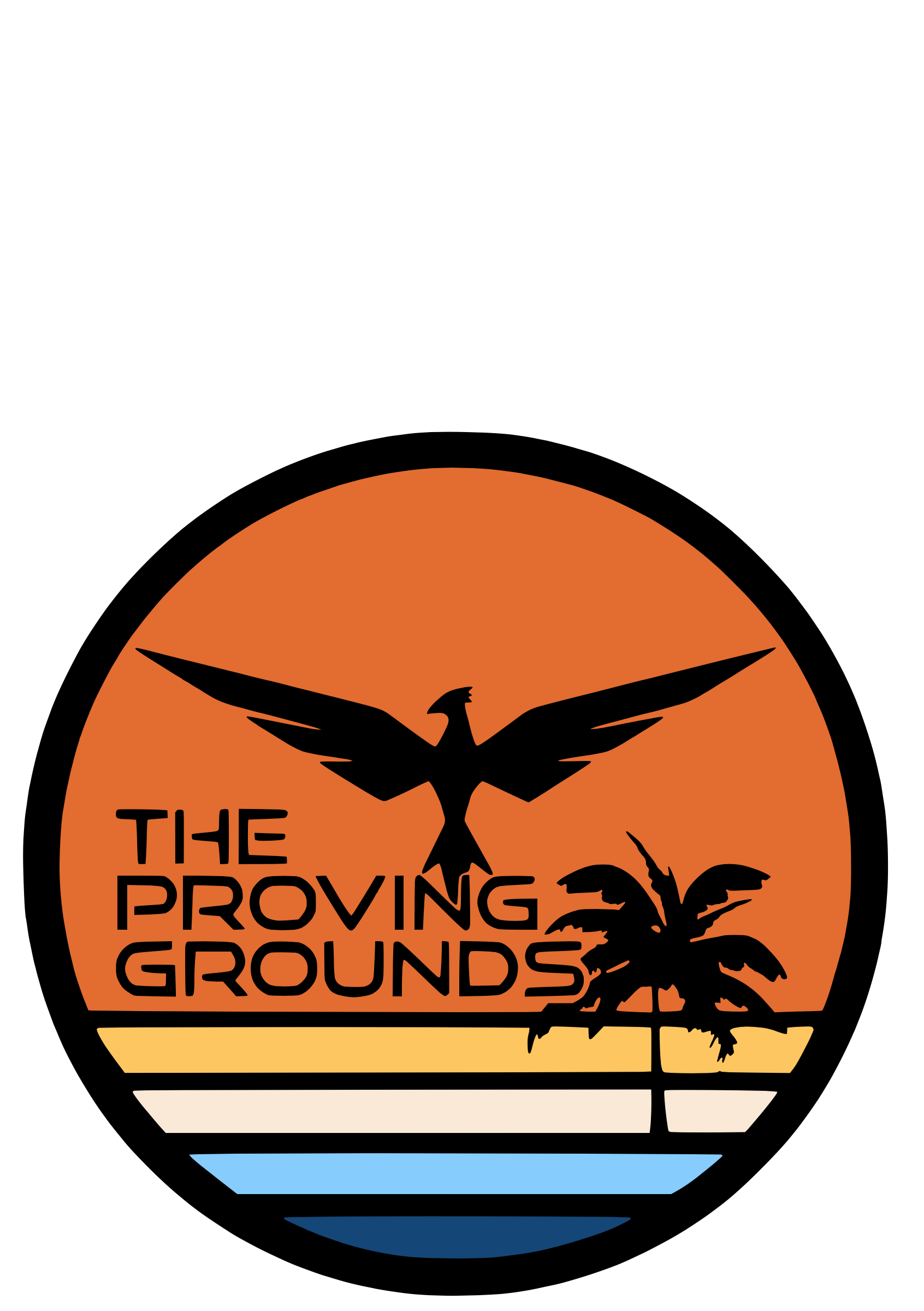 A logo with a black background featuring a large orange circle resembling a sunset, with a stylized black bird with outstretched wings and a palm tree silhouette inside the circle. The text "THE PROVING GROUNDS" appears in black uppercase letters across the lower part of the circle.