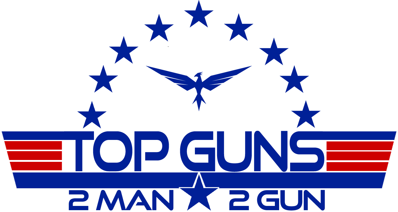 Logo with a star border, a bird with outstretched wings in the center, and text that reads 'Top Guns 2 Man 2 Gun' in patriotic colors.