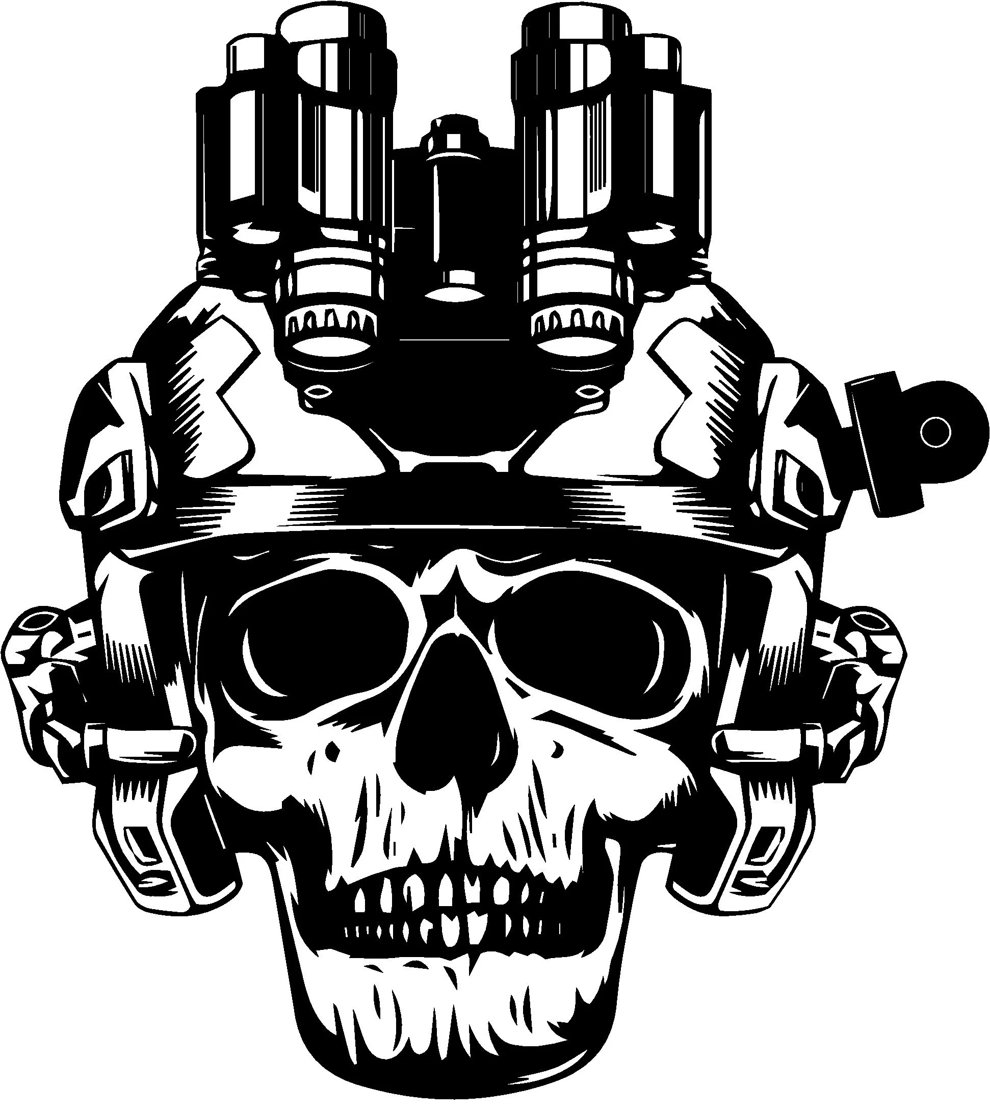 A black and white illustration of a skull wearing a military helmet with the word 'RIP' on the side. The skull has a skull with what appears to be a futuristic weapon or device mounted on the top.
