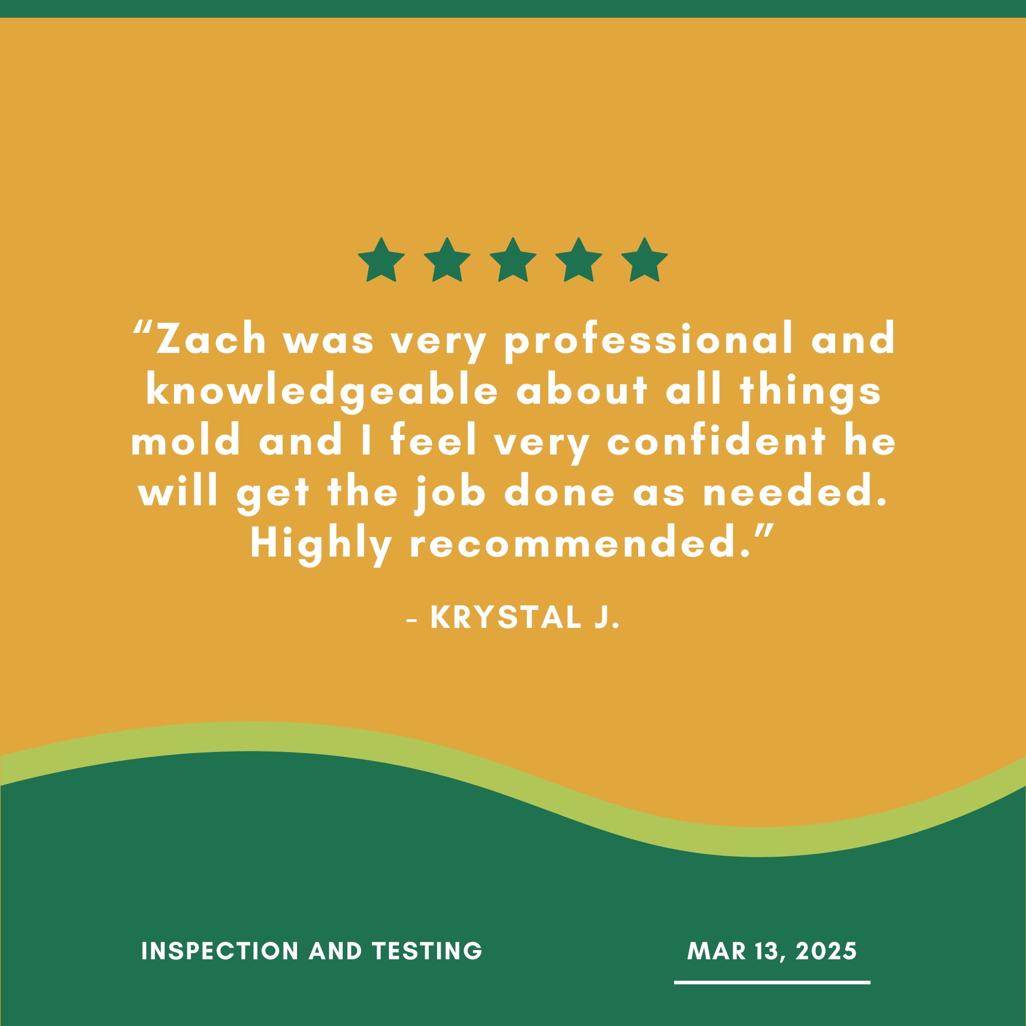 Testimonial graphic with a five-star review from "Krystal J." praising Zach's professionalism and mold expertise. The design includes green and mustard colors, dated March 13, 2025, labeled "Inspection and Testing."