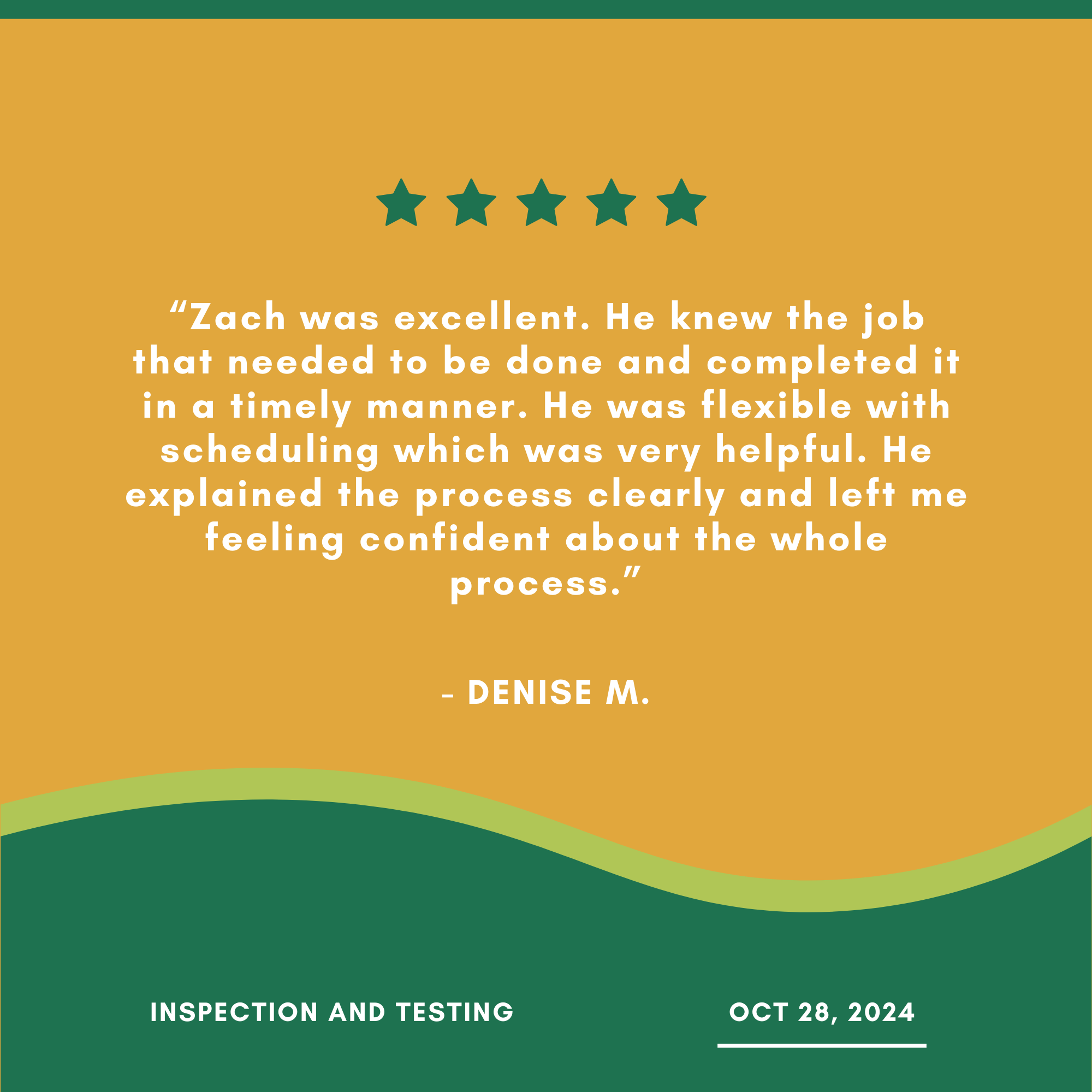 A review with five stars praising someone named Zach for excellent service, timely completion of tasks, and clear communication, left by Denise M. Additional text reads 'Inspection and Testing' and is dated October 28, 2024. The background is in gree