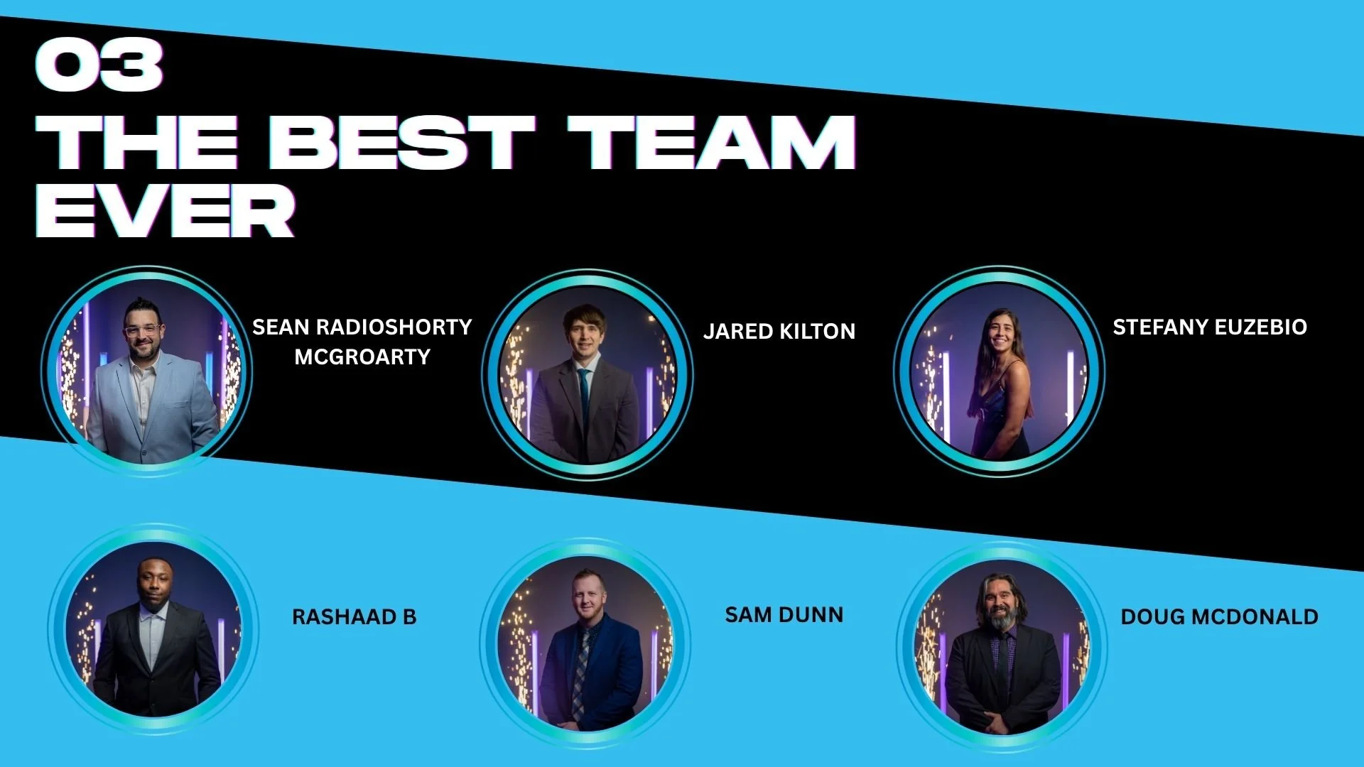 Graphic titled 'The Best Team Ever' displays seven individuals with circles around their photos and their names: Sean Radioshorty McGroarty, Jared Kilton, Stefani Euzebio, Rashaad B, Sam Dunn, Doug McDonald.