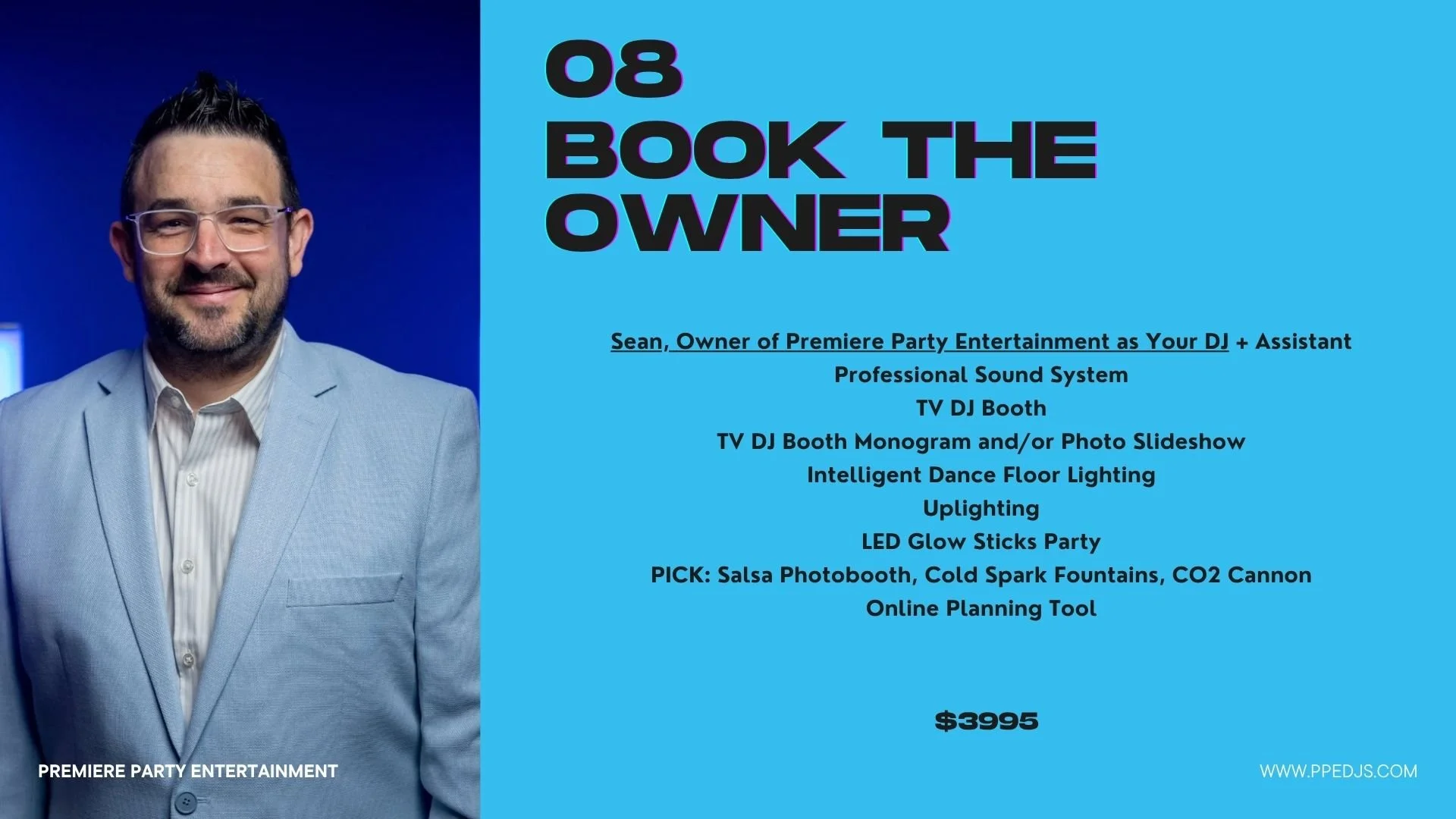 A promotional flyer featuring a man in a light gray suit and glasses on the left, with a blue background, and event details on the right in black text on a blue background, advertising a DJ booking service for Premier Party Entertainment.
