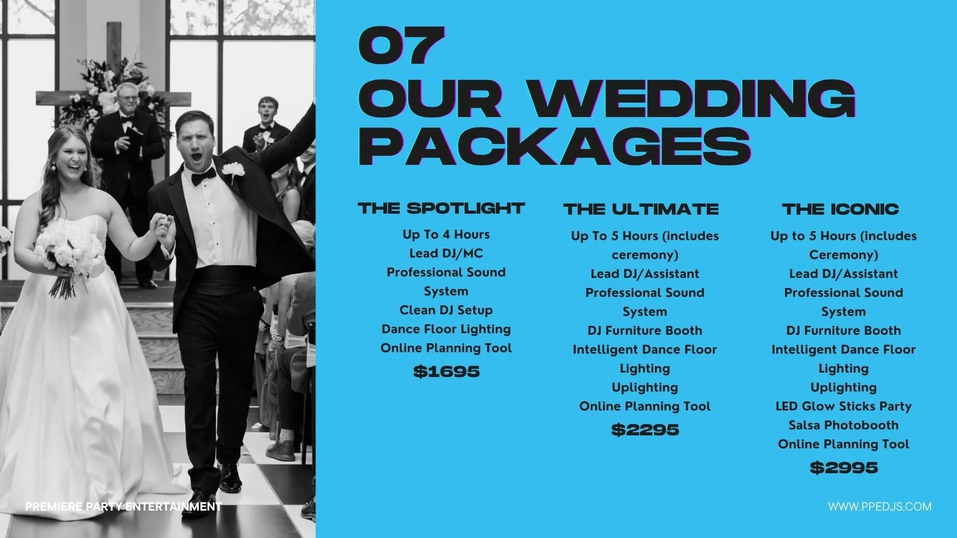 A wedding reception with a bride and groom walking down the aisle, dressed in wedding attire, smiling, with wedding party members in the background. The right side of the image has a blue background with text advertising wedding packages and prices.