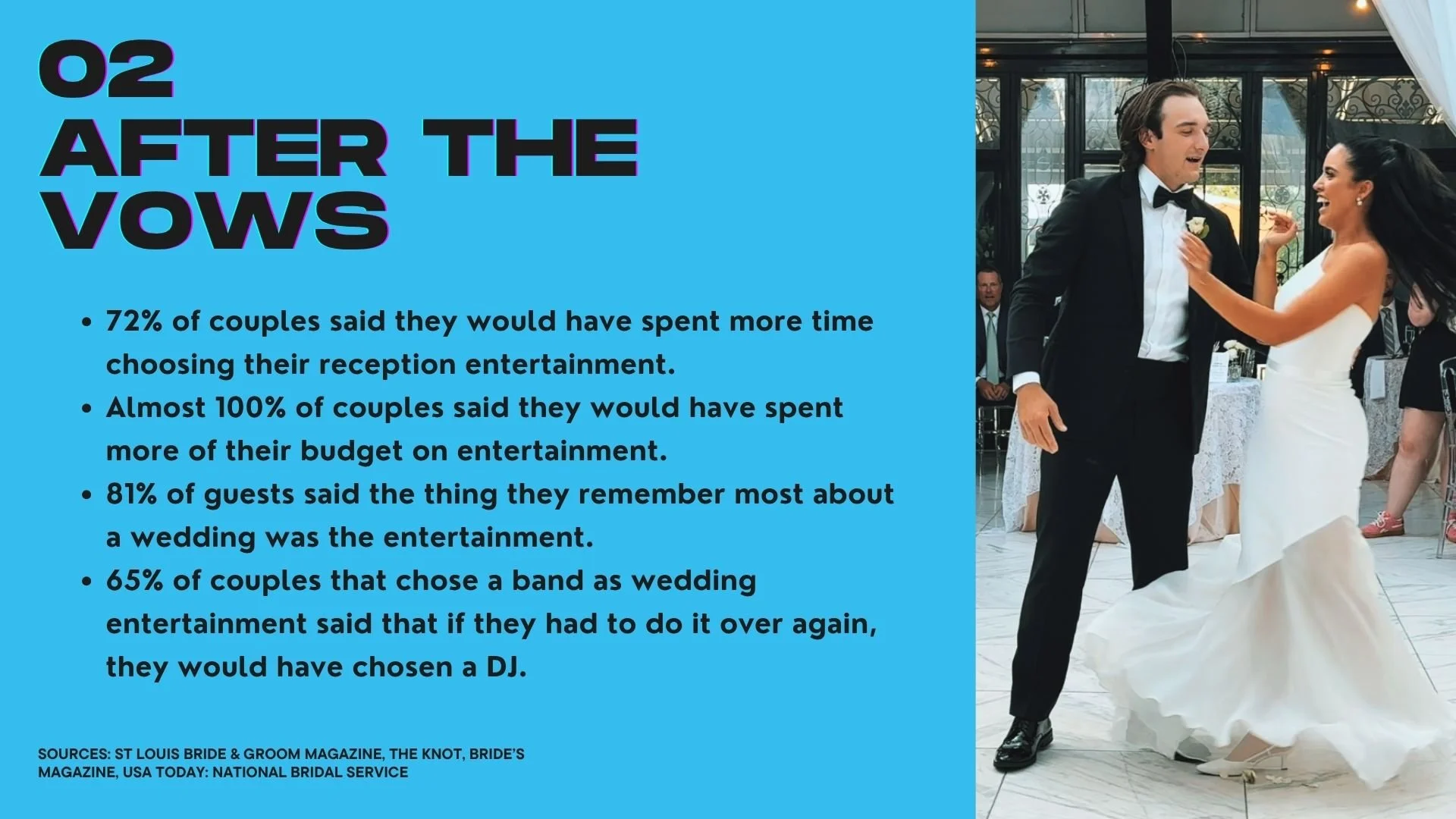 A bride and groom dancing at their wedding reception with guests seated at tables in the background.