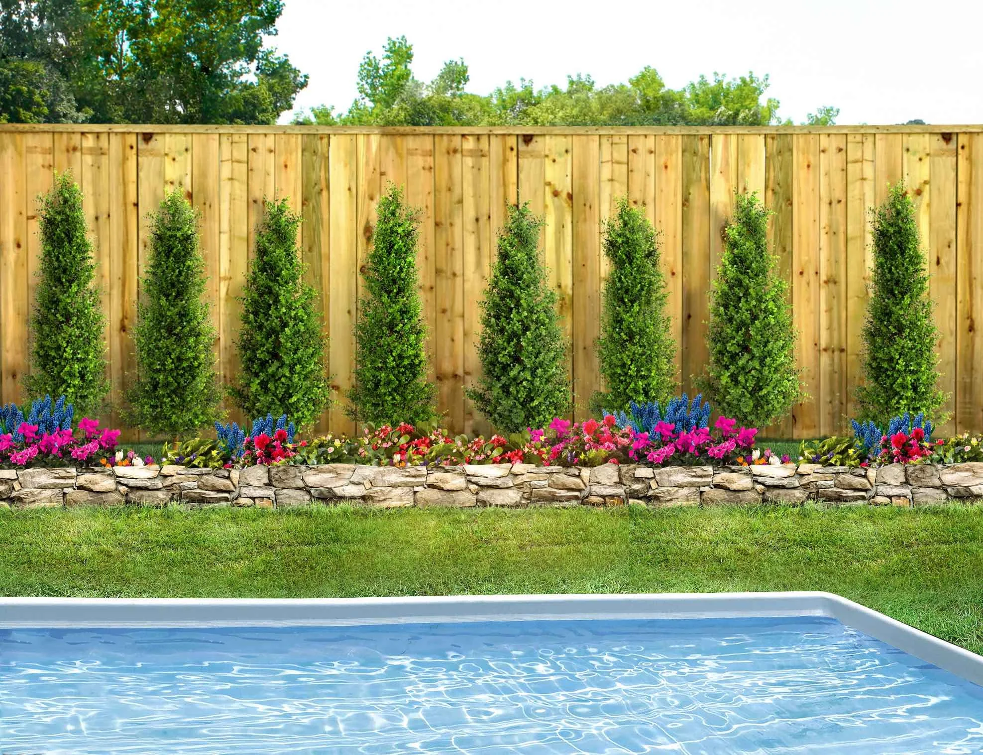 A backyard with a wooden fence, neatly lined with tall green shrubs, vibrant flowers, and a stone border. In the foreground, a swimming pool with clear blue water is visible, surrounded by a well-maintained grassy lawn.