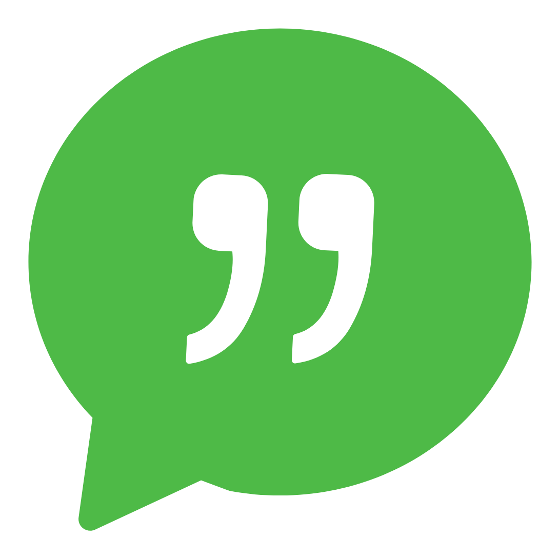 Green speech bubble icon with black quotation marks