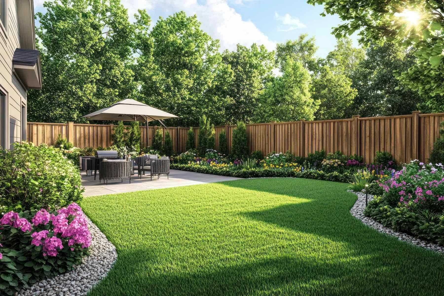wooden fencing along manicured lawn