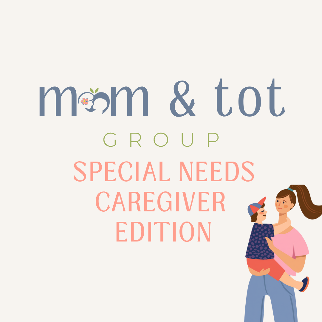 Mom and toddler group for special needs caregivers with blue, green and pink letters and women holding children with brunette hair