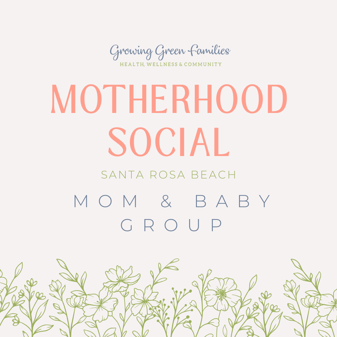 Growing Green Families mom and baby group graphic with coral, blue and green letters, green flowers santa rosa beach