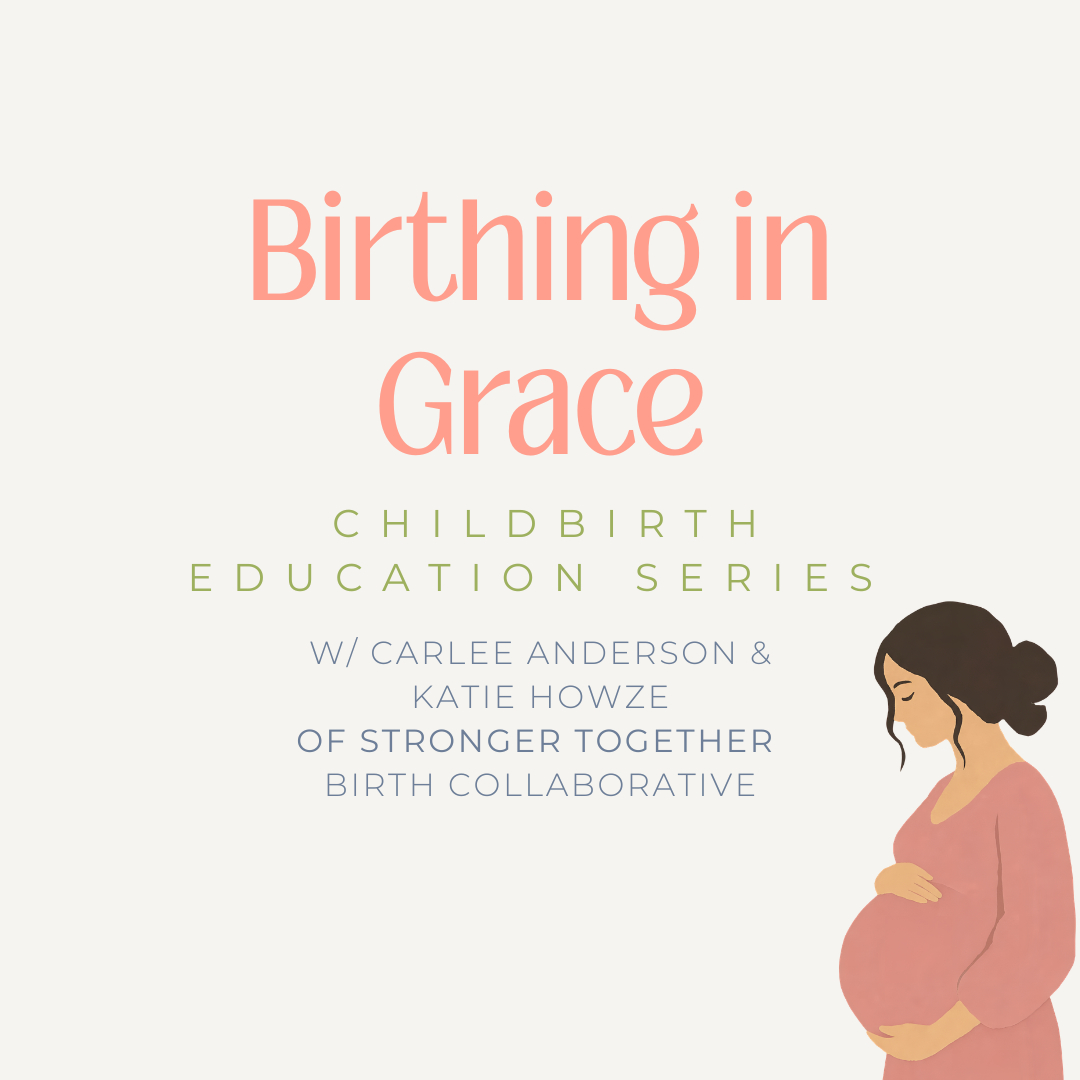 Childbirth education class with a brunette woman holding her pregnant belly with coral dress