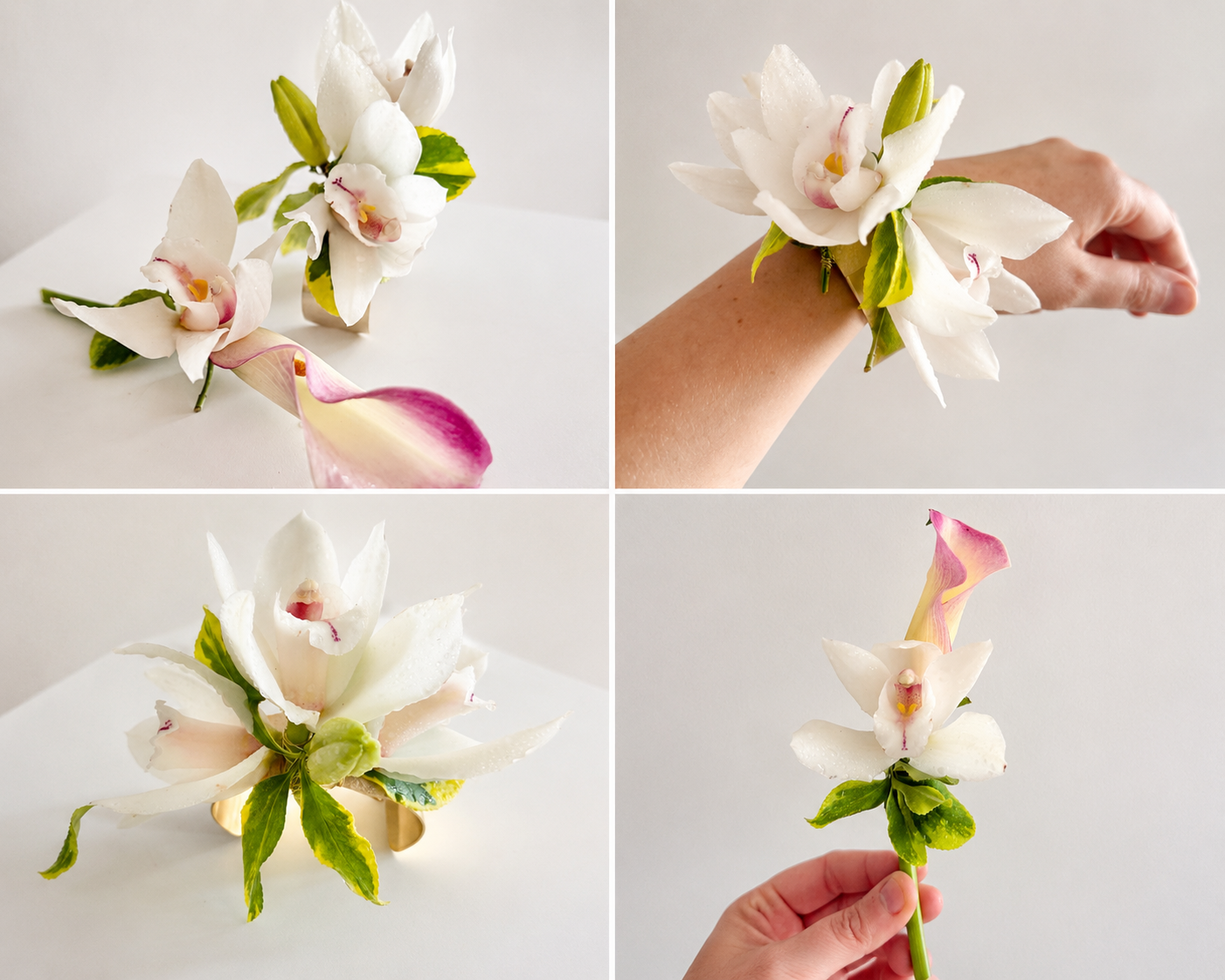 Collage of four images of white and pink lilies with green leaves, arranged as floral accessories and held in hand.