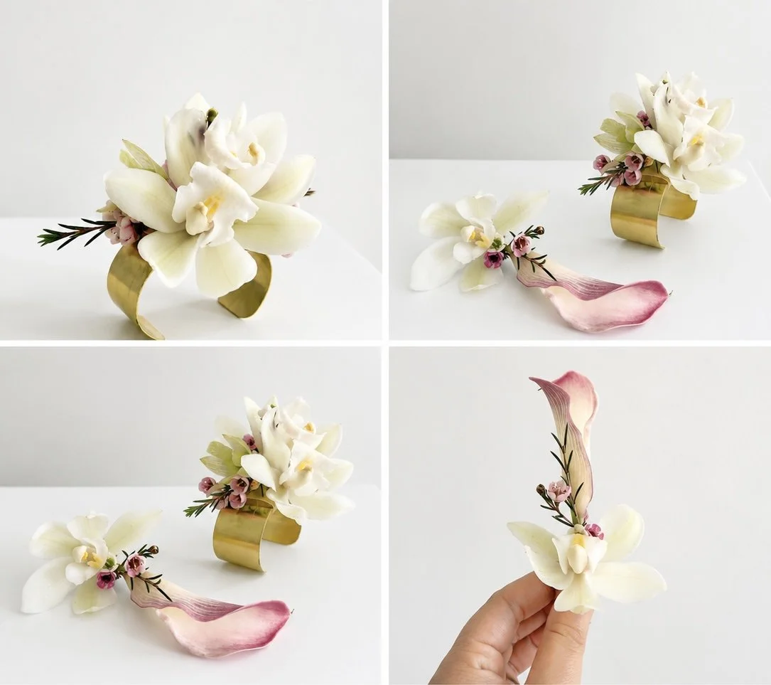 Collage of four images showcasing a floral arrangement with white orchids, pink flowers, and green leaves in a gold holder, with a pink petal and a hand holding a part of the flower arrangement.