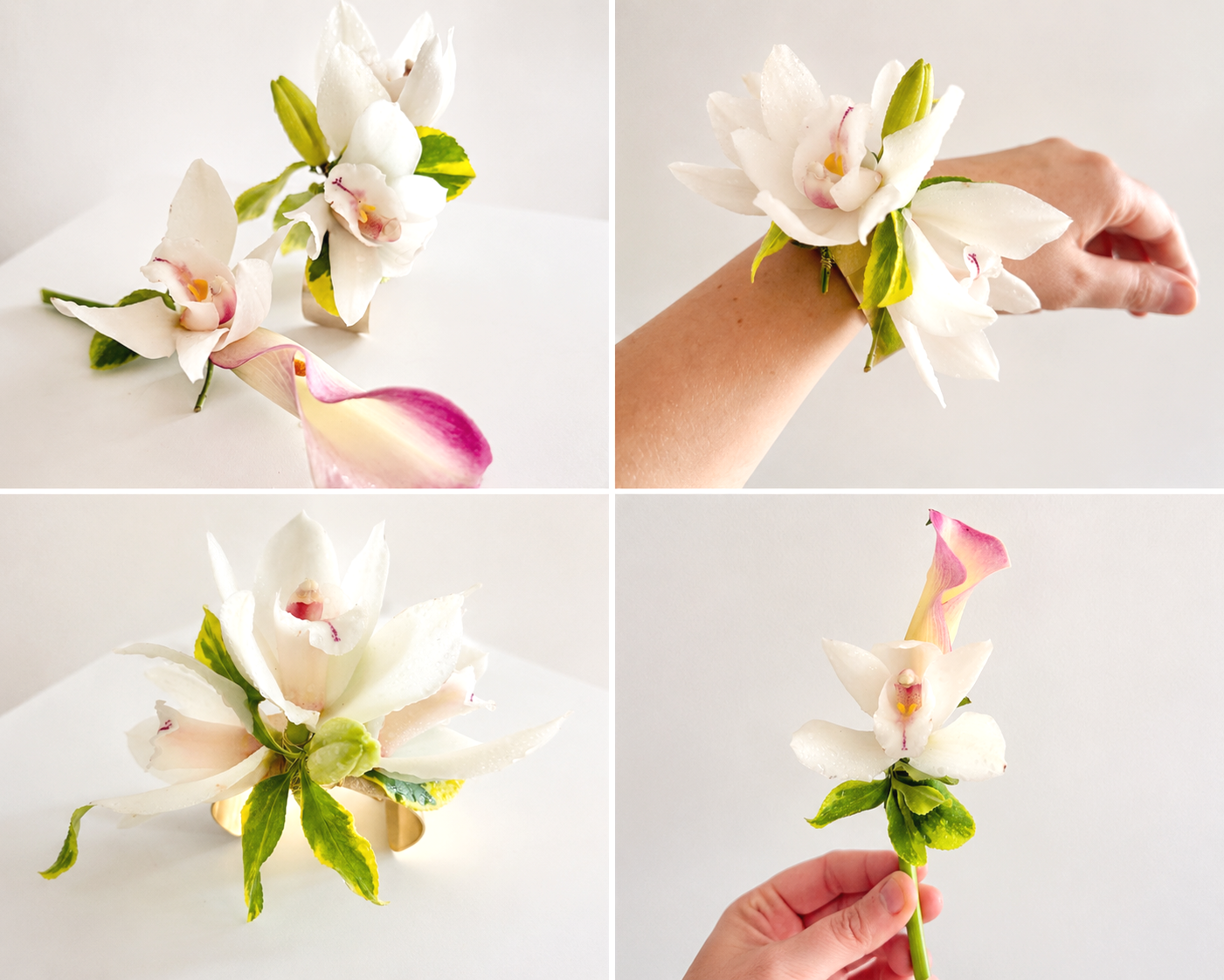 A collage of four images of white and pink orchids with green leaves, showcasing the flowers from different angles and in various arrangements.