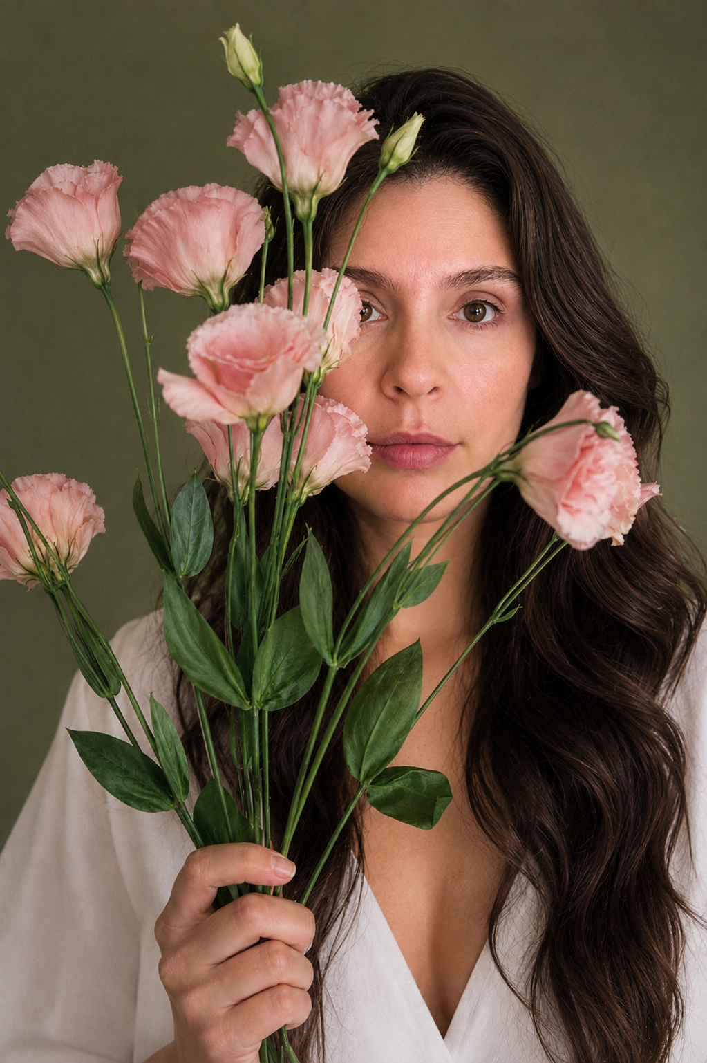 A woman with long wavy brown hair holding a bouquet of pink flowers, partially covering her face, with a green background.