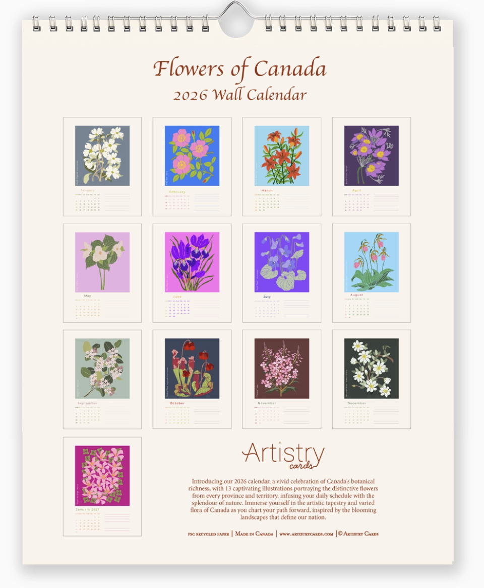 Wall calendar featuring vibrant flowers of Canada for the year 2020, showcasing seasonal blooms each month.