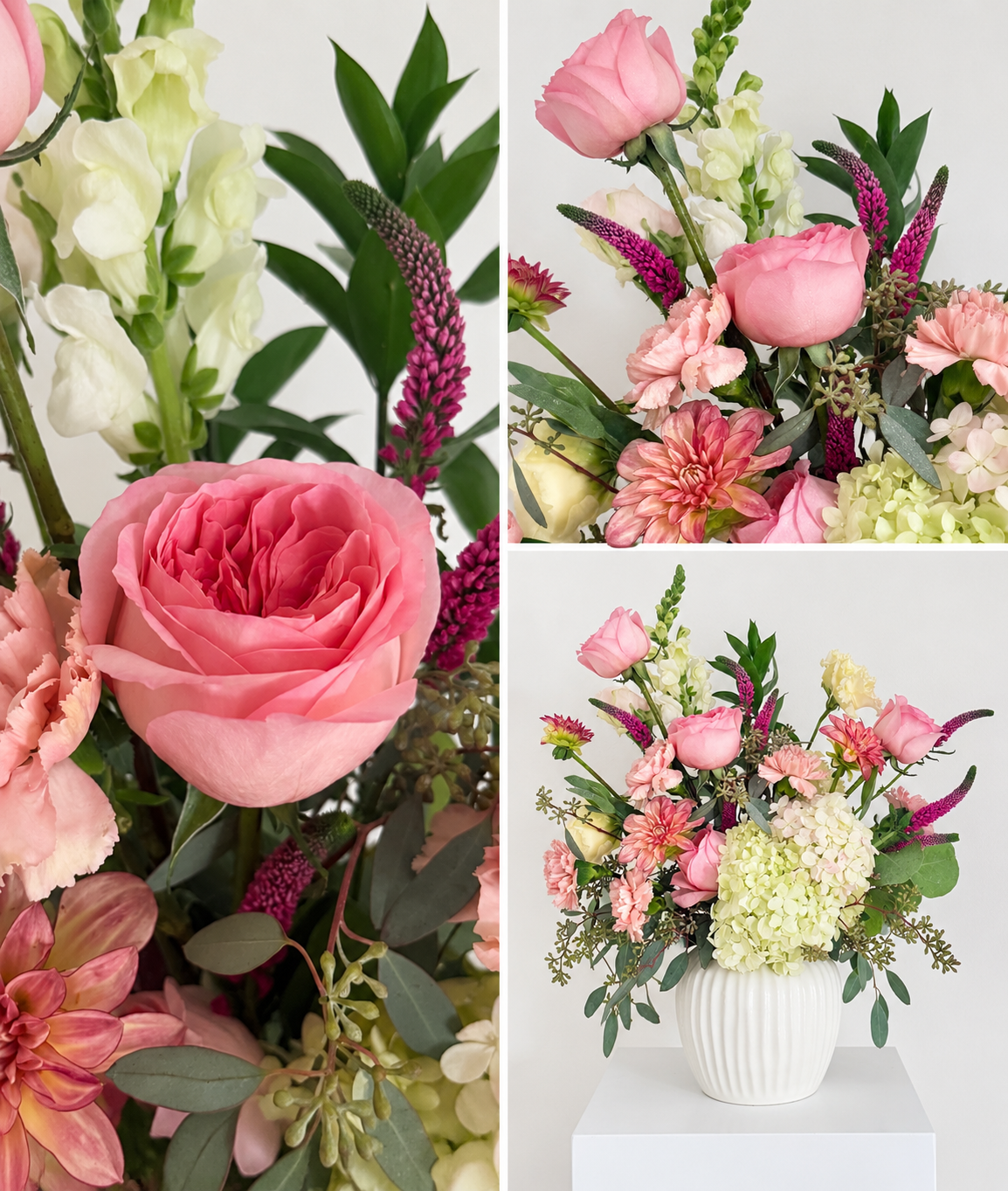 A floral arrangement in a white ceramic vase featuring pink roses, cream-colored snapdragons, purple veronica flowers, pink dahlias, and greenery.