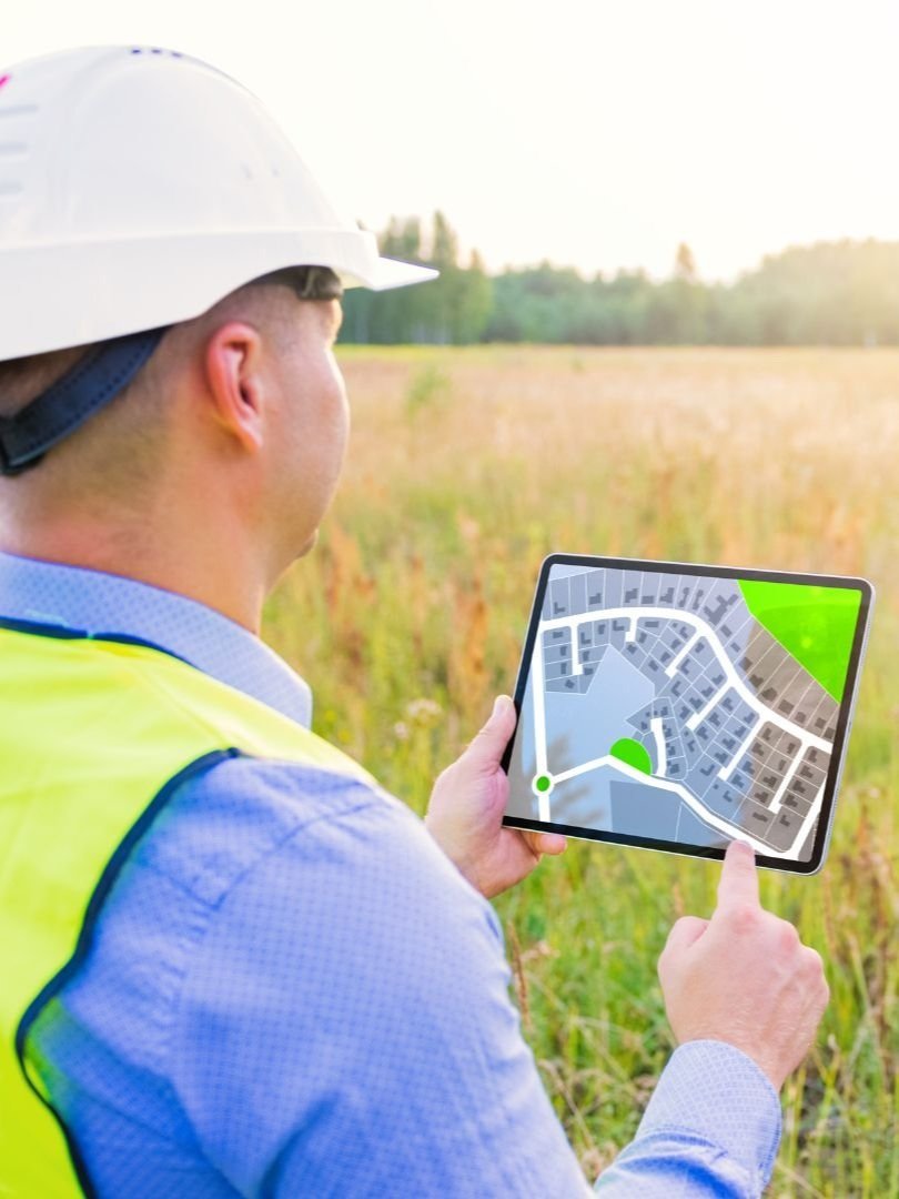 A man in a white safety helmet and yellow safety vest using a digital tablet with a map application in an open field during daylight.