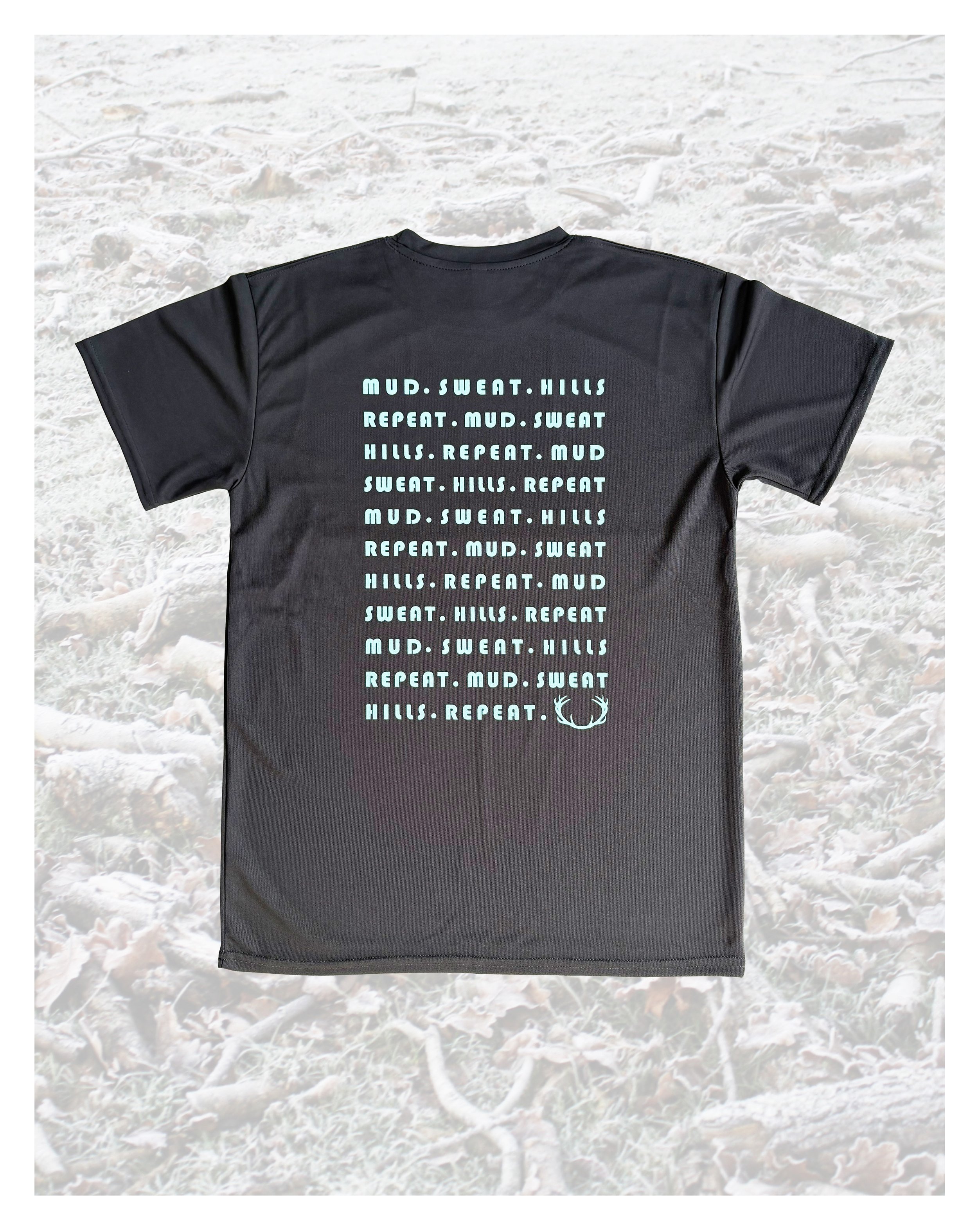 grey technical t-shirt with blue text print, mud sweat hills repeat