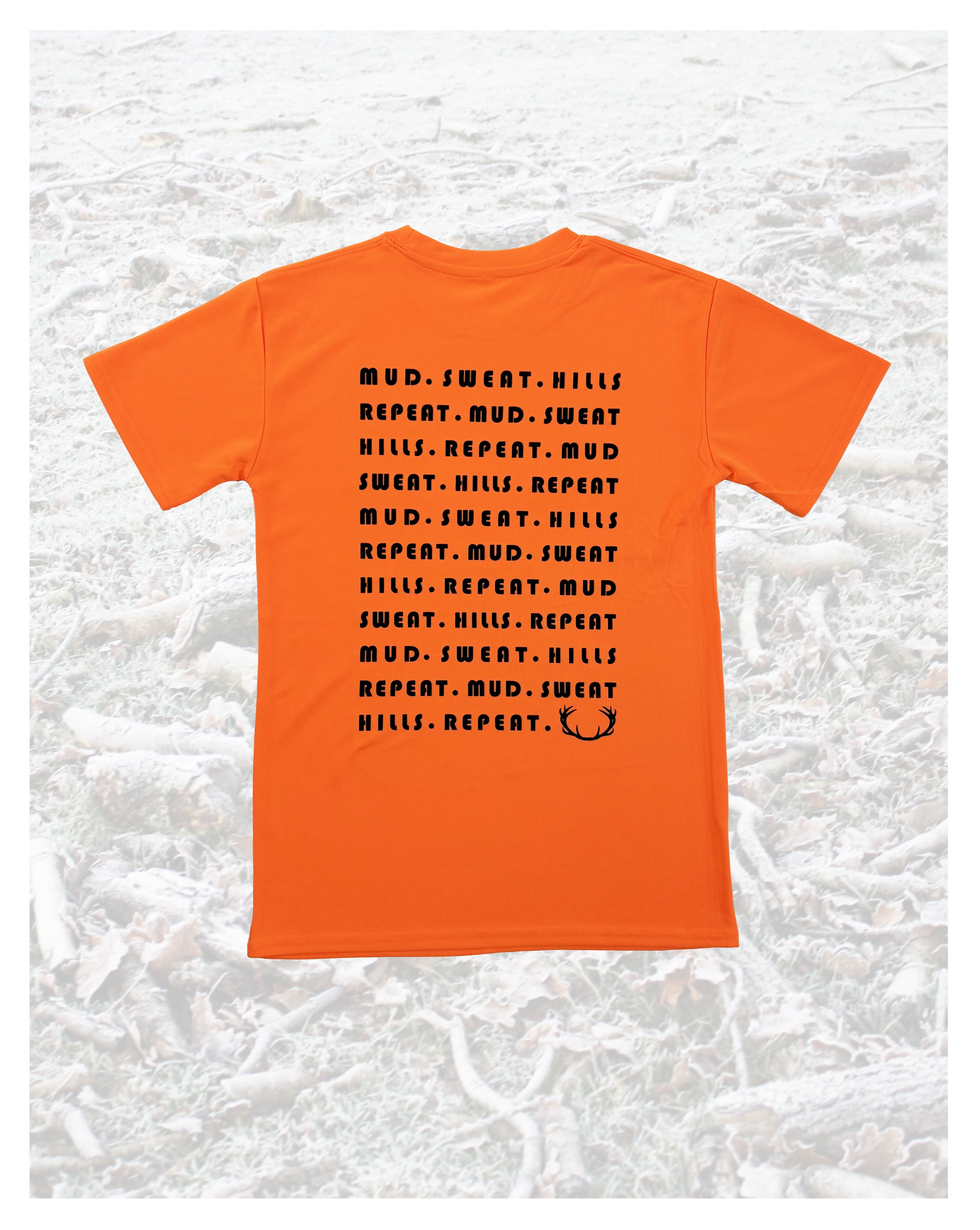 orange graphic t-shirt with black text print on pale background