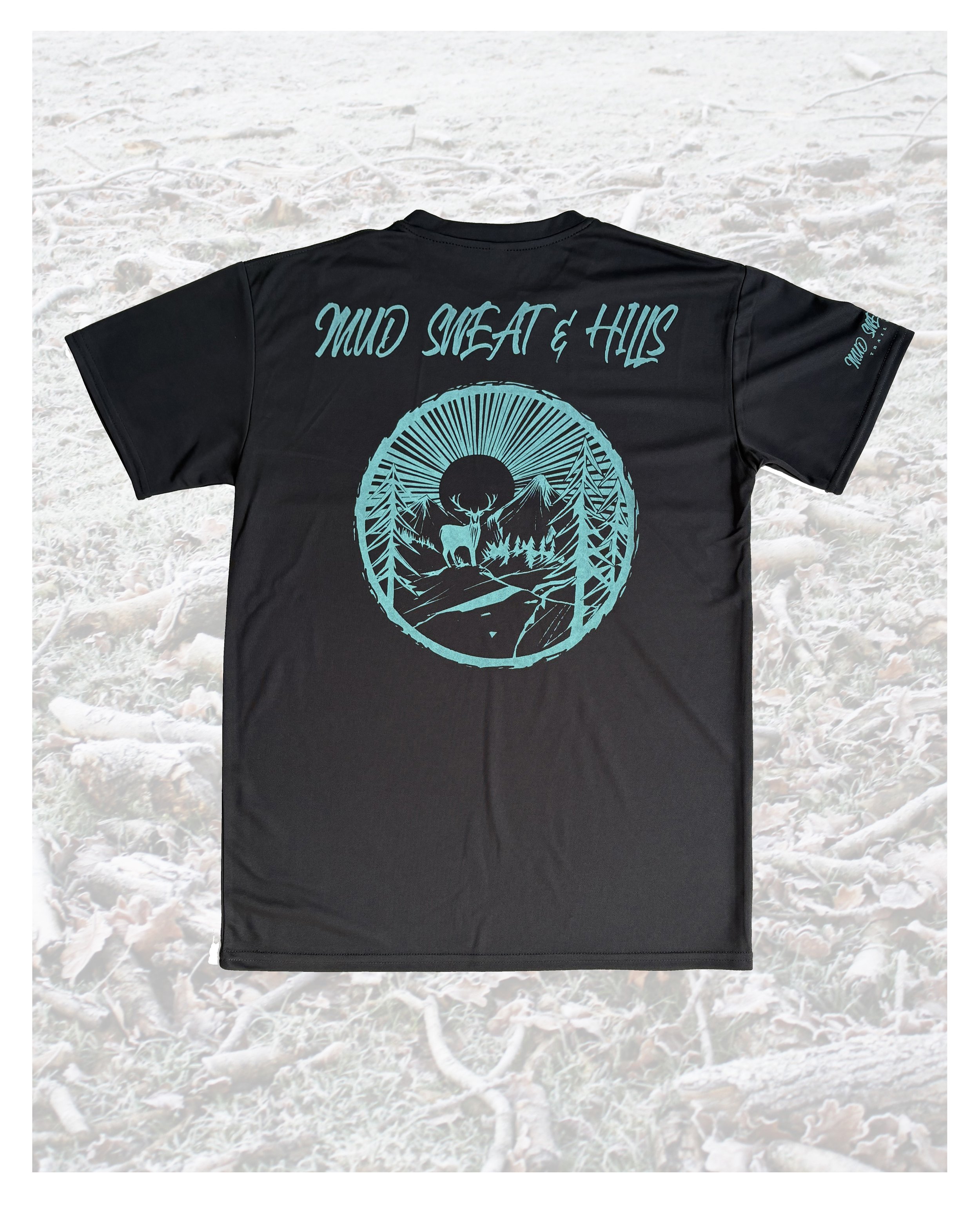dark grey t-shirt with pale blue illustration of stag in a mountain setting