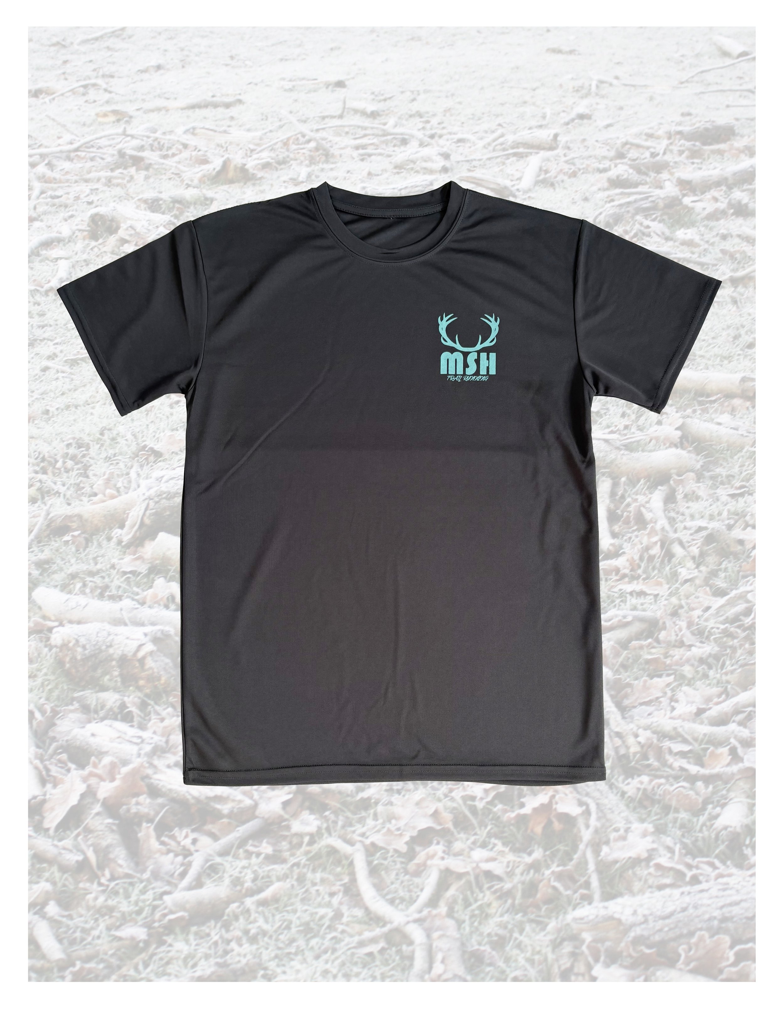 dark grey t-shirt with pale blue chest logo on a pale background