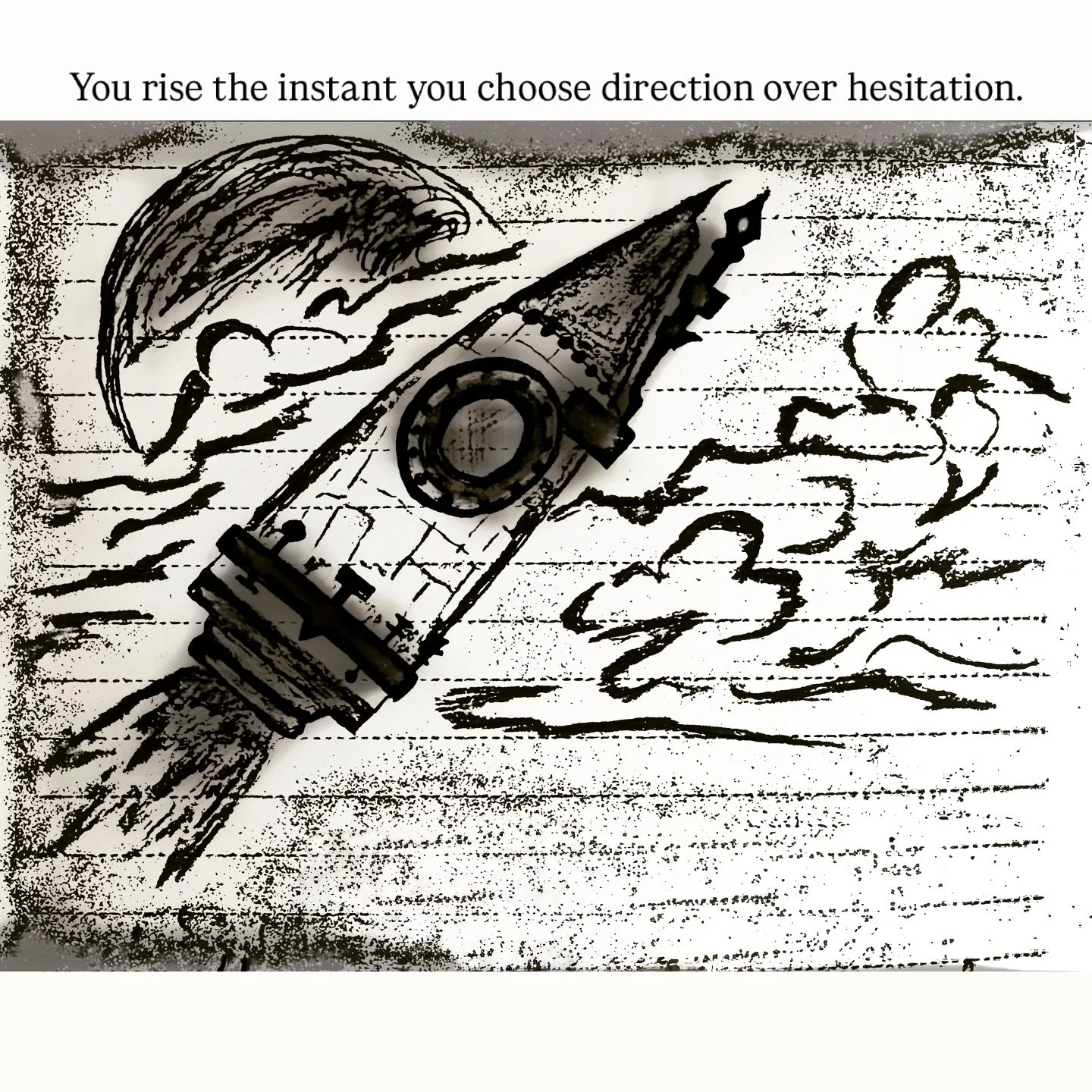 A drawing of a sunset over water with clouds, a paper ruler, and a crayon on lined paper with handwritten words, accompanied by the text "You rise the instant you choose direction over hesitation."