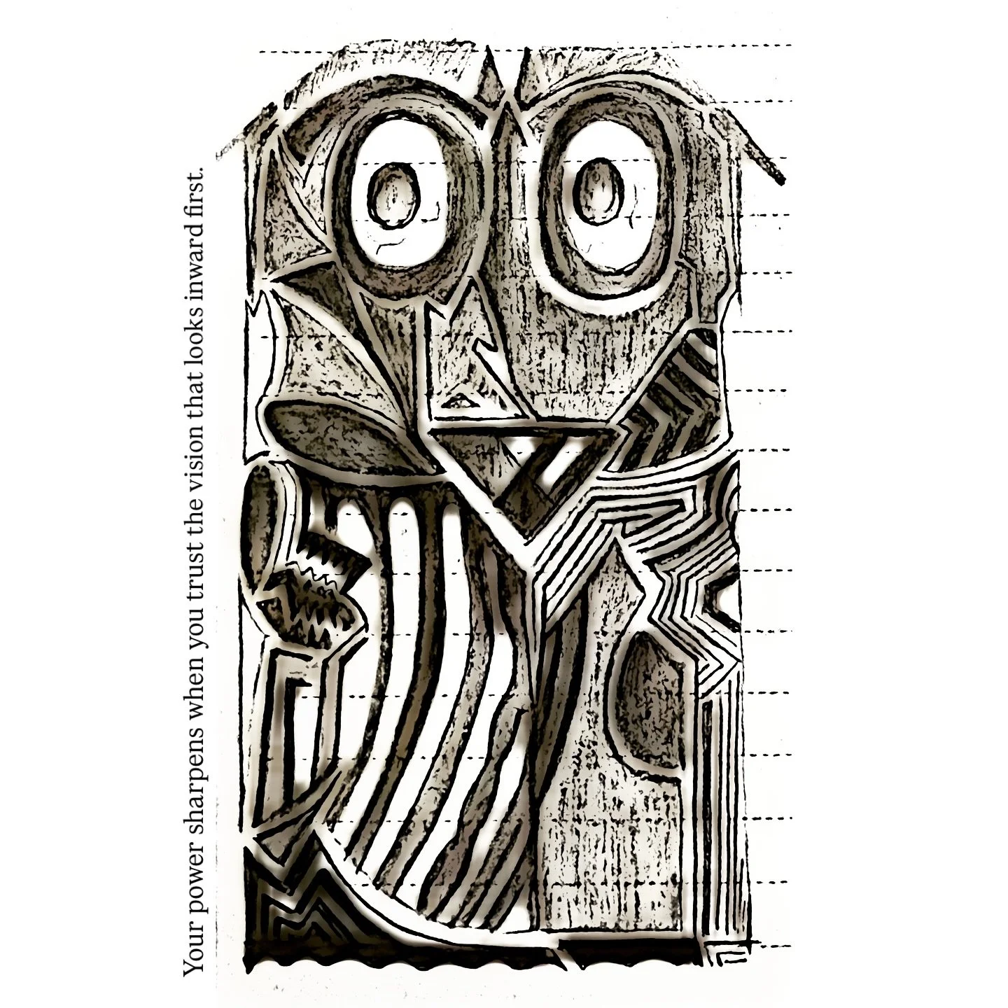 A black and white abstract line drawing of a character with large, round eyes, wearing a striped tie and a jacket, with various geometric shapes and patterns surrounding it. There is a vertical quote on the left side that reads, "Your power sharpens when you trust the vision that looks inward first."