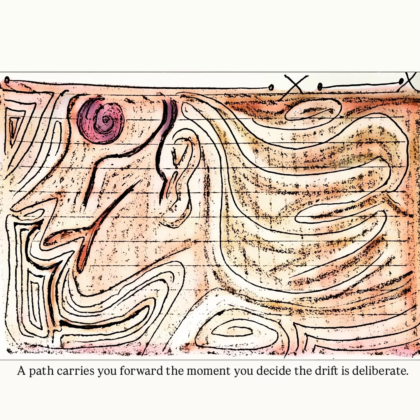 Abstract map with lines and a purple circle, accompanied by a quote: "A path carries you forward the moment you decide the drift is deliberate."