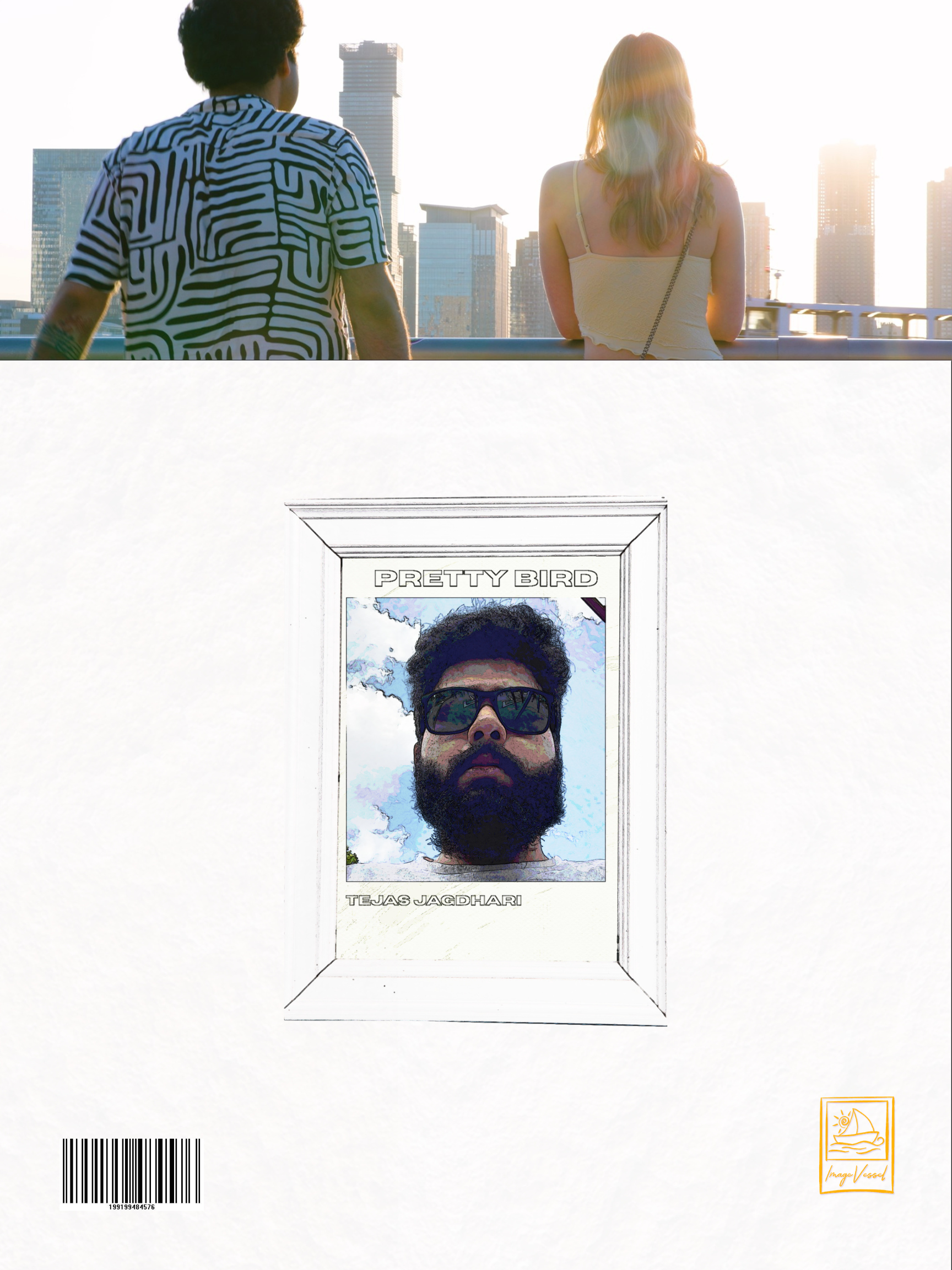 Two people with their backs to the camera, looking at a city skyline during sunset, above a framed portrait titled 'Pretty Bird' by Tejas Jagdhari, with a barcode and a small logo at the bottom right corner.