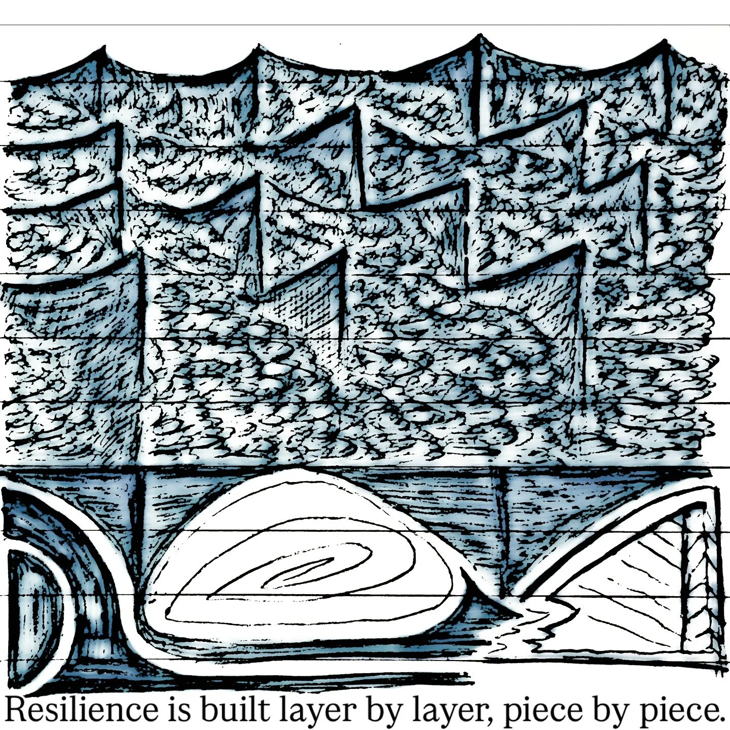 A black and white drawing of a forest of pine trees with a lake and boat in the foreground. The text at the bottom reads, 'Resilience is built layer by layer, piece by piece.'