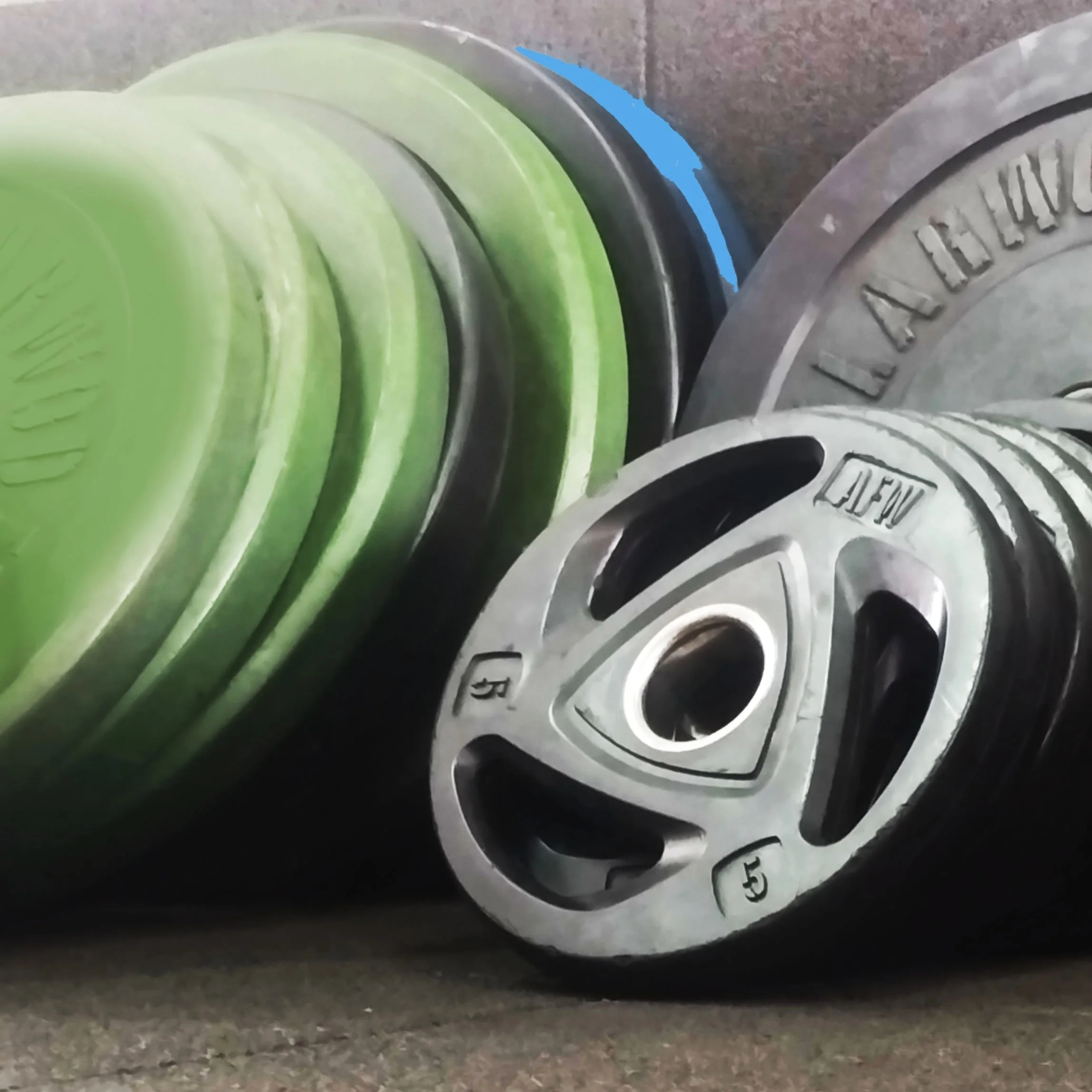 Láminas de peso de colores verde y negro apiladas junto a discos de pesa plateados en una estantería de gimnasio.