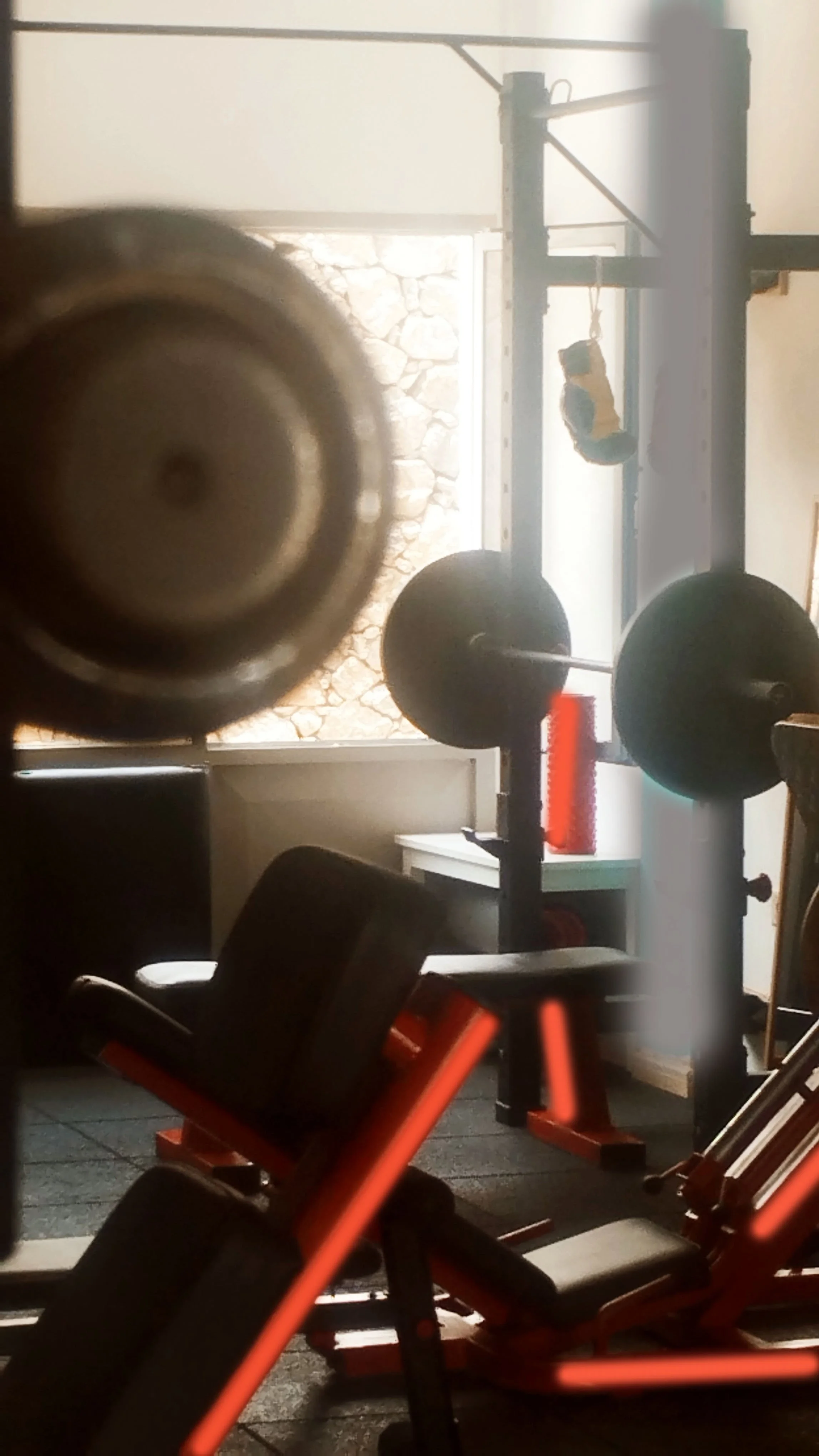 Espacio de gimnasio con pesas, bancos y equipamento de entrenamiento, luz natural entrando por una ventana con vista a una pared de piedra.