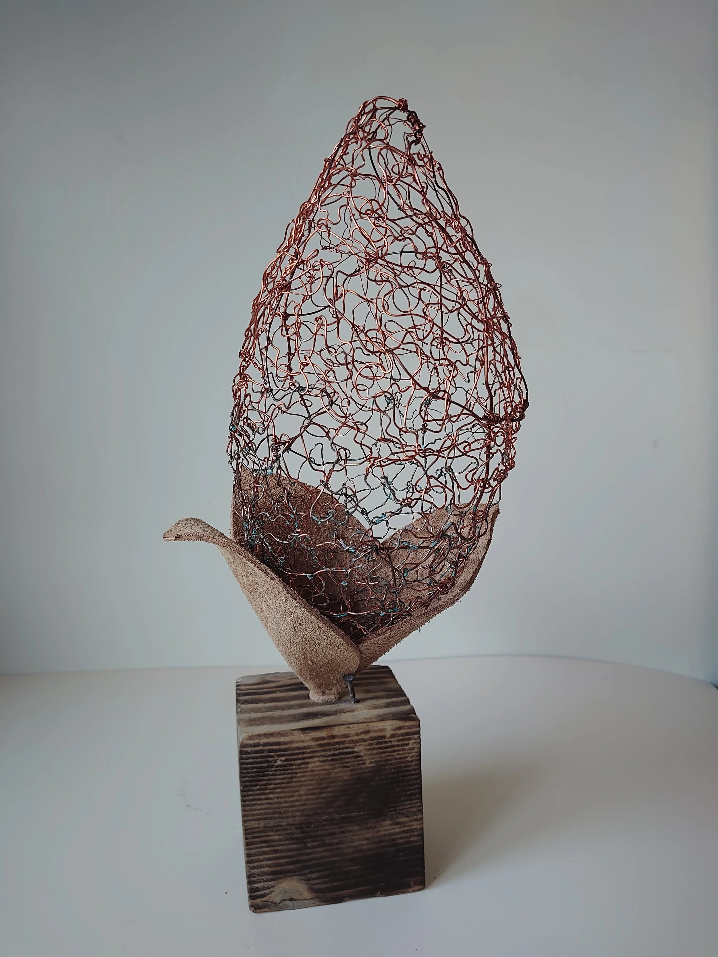 'Bud' - Reclaimed copper wire, leather & wood
