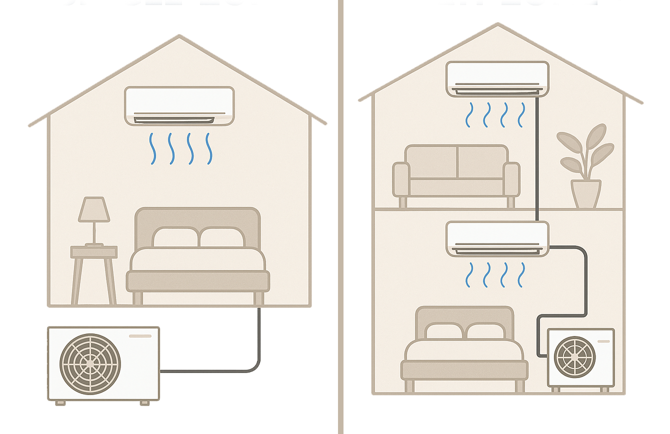 Diagram comparing a single mini-split air conditioning unit in a house to two units connected with a ducted system. Left side shows one outdoor unit connected to a single indoor unit cooling a bedroom. Right side shows two indoor units on different floors connected to a single outdoor unit via ductwork, cooling a bedroom and a living room.