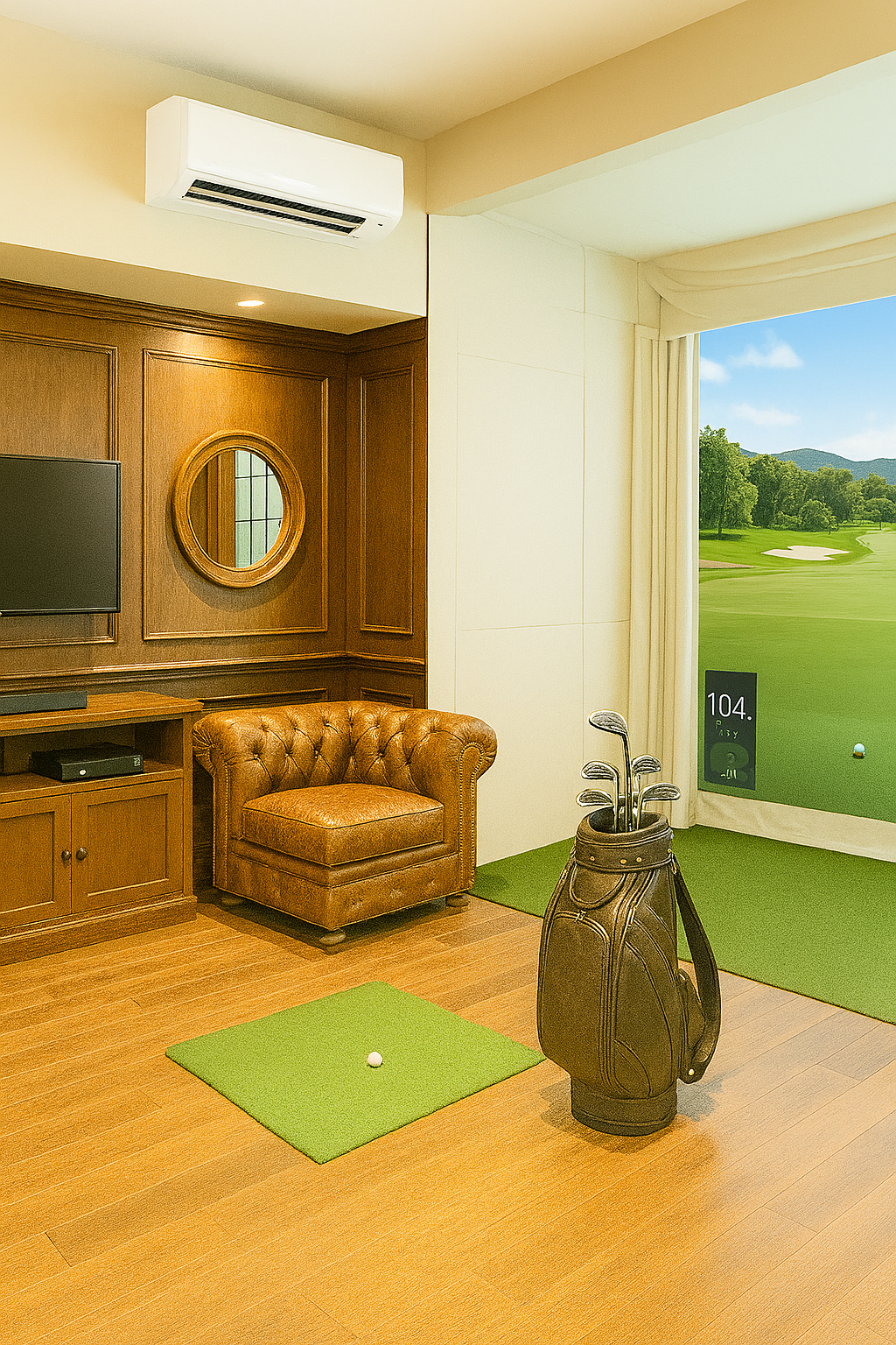 Indoor golf simulation room with a golf bag, clubs, a small green putting mat, leather armchair, wall-mounted TV, and a large window showing a golf course.