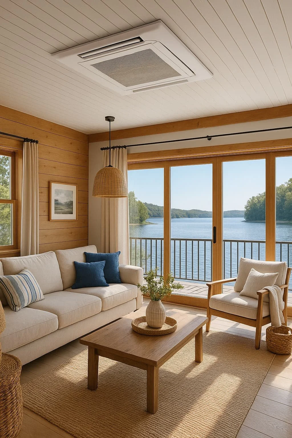 Living room with a cream sofa, wooden armchair, coffee table with a vase, overlooking a lake through sliding glass doors, decorated in neutral and blue tones.