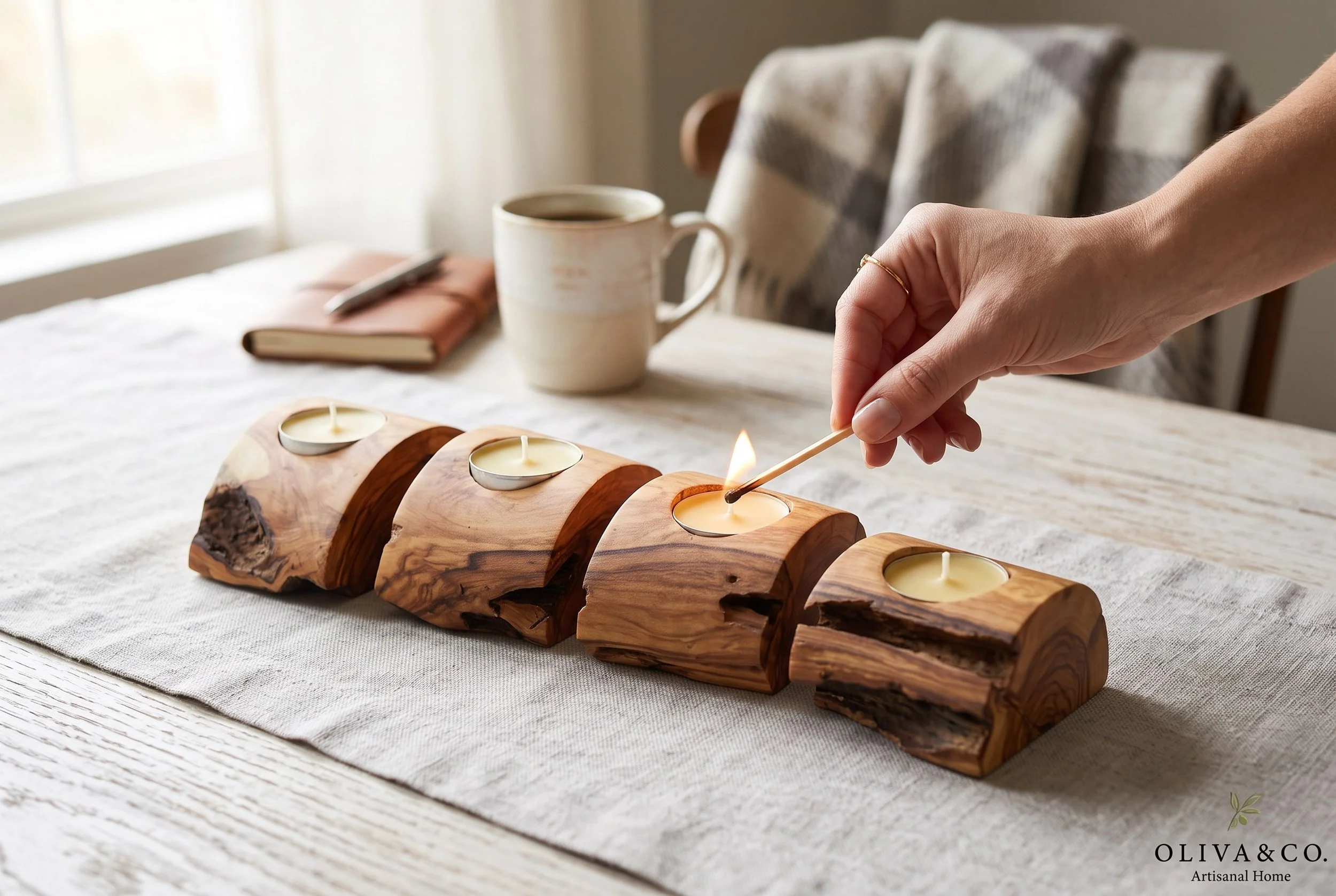 Rustic Olive Wood T-Light Candle Holder Set