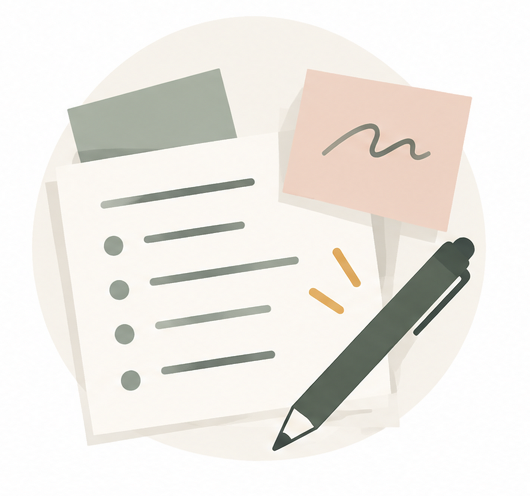 Illustration of a checklist, sticky notes, and a black pen on a white background.