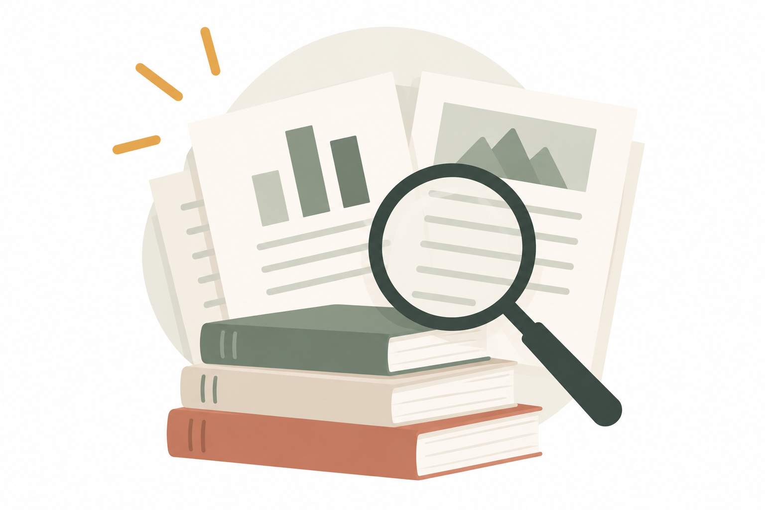 Illustration of stacked books with spreadsheets and a magnifying glass on top, representing research or analysis.