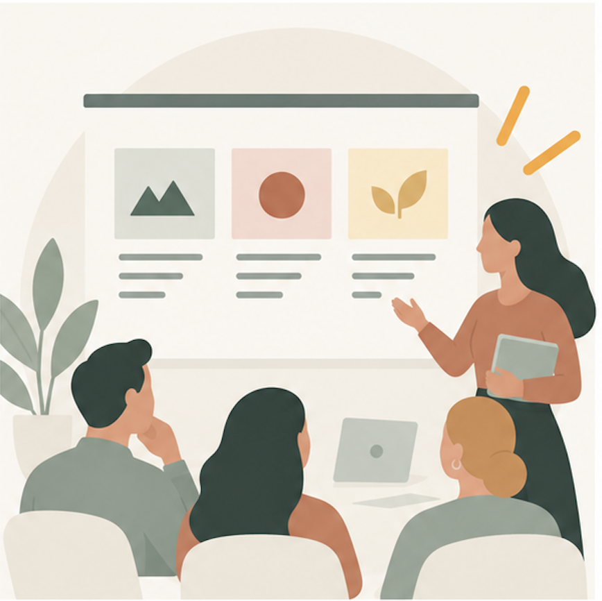 Illustration of a woman giving a presentation to three seated people in a conference room, with a presentation slide showing icons of mountains, a circle, and a leaf.