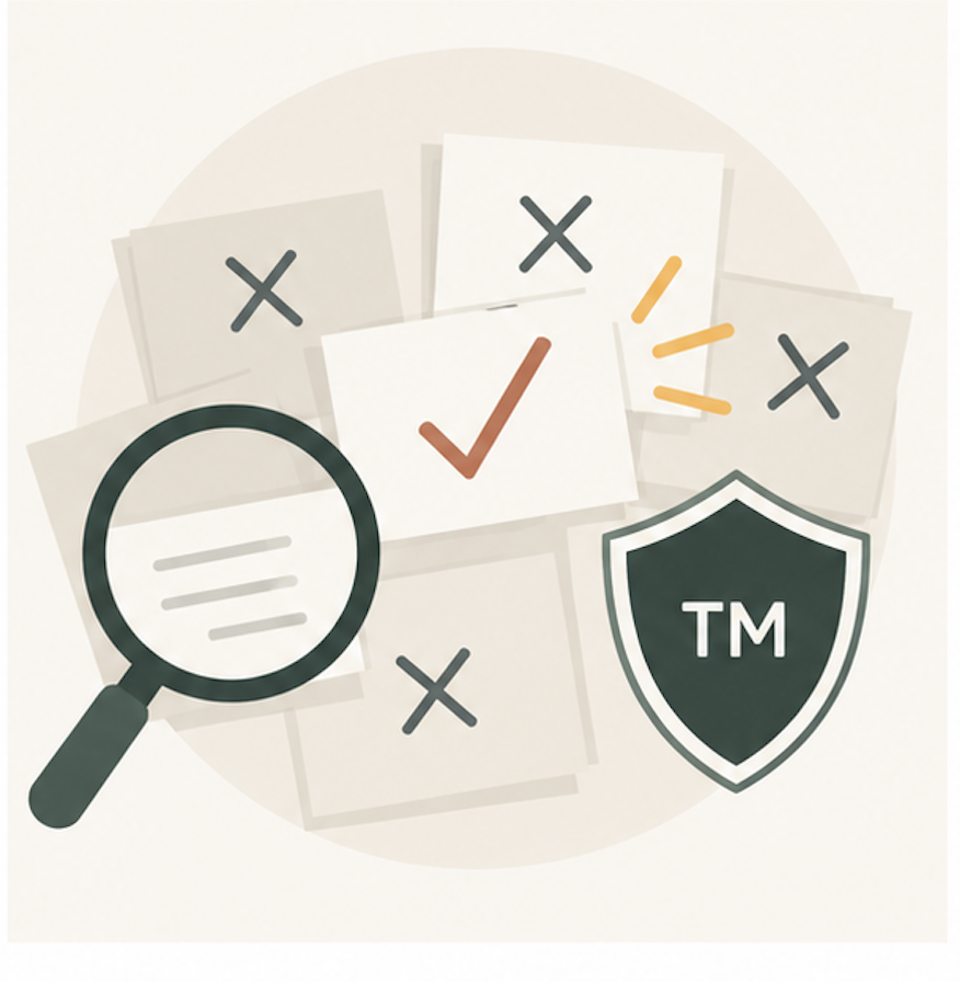 Illustration of a magnifying glass, copyright shield with TM symbol, and various papers with X marks and a check mark, representing legal review or intellectual property protection.
